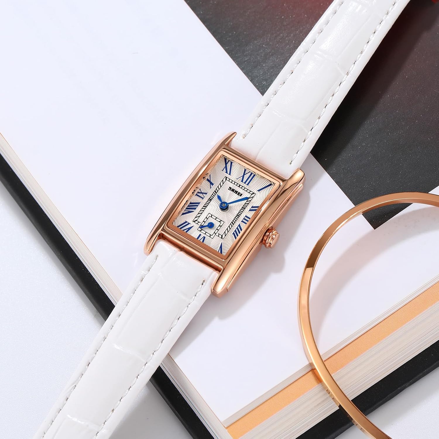 Women Quartz Watch Lady Stylish Rectangle Dress Watch with Leather Strap and Blue Crystal Crown - Image 3