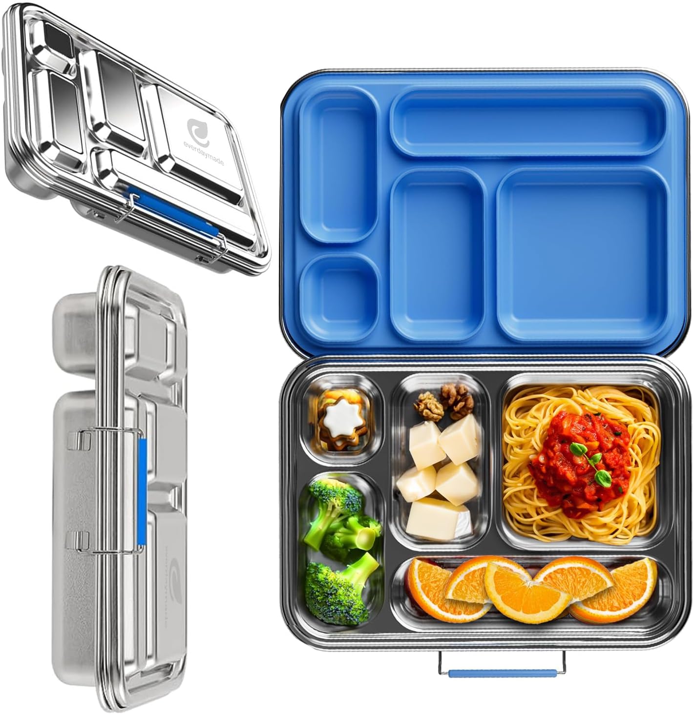 Stainless Steel Bento Box for Adults, 5 Compartment Leak-Resistant Lunch Box, Removable Silicone Seal, Snap Latch Lid, 4 Cup Metal Food Container with Utensil Section, Cerulean Blue