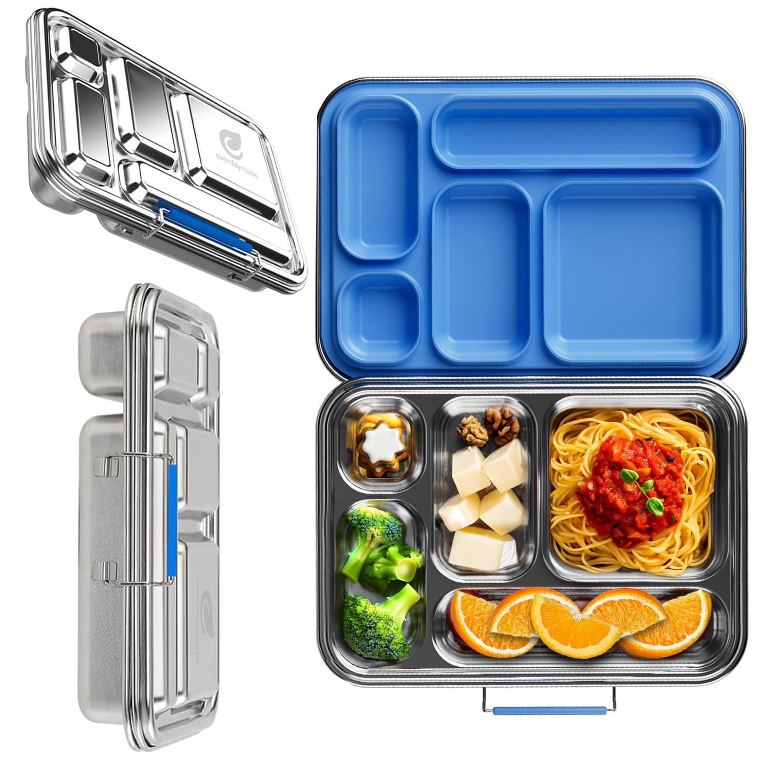 Photo 1 of everdaymade Stainless Steel Bento Box for Adults, 5 Compartment Leak-Resistant Lunch Box, Removable Silicone Seal, Snap Latch Lid, 4 Cup Metal Food Container with Utensil Section, Cerulean Blue