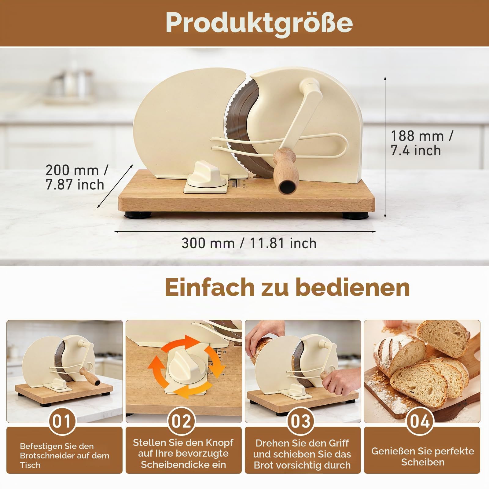 Brotschneidemaschine manuell mit Holzrahmen & Edelstahlklinge, Einstellbare Schnittstärke 0-2 cm, Ideal für Brot, Baguette & Brötchen, Hobel für gleichmäßige Scheiben