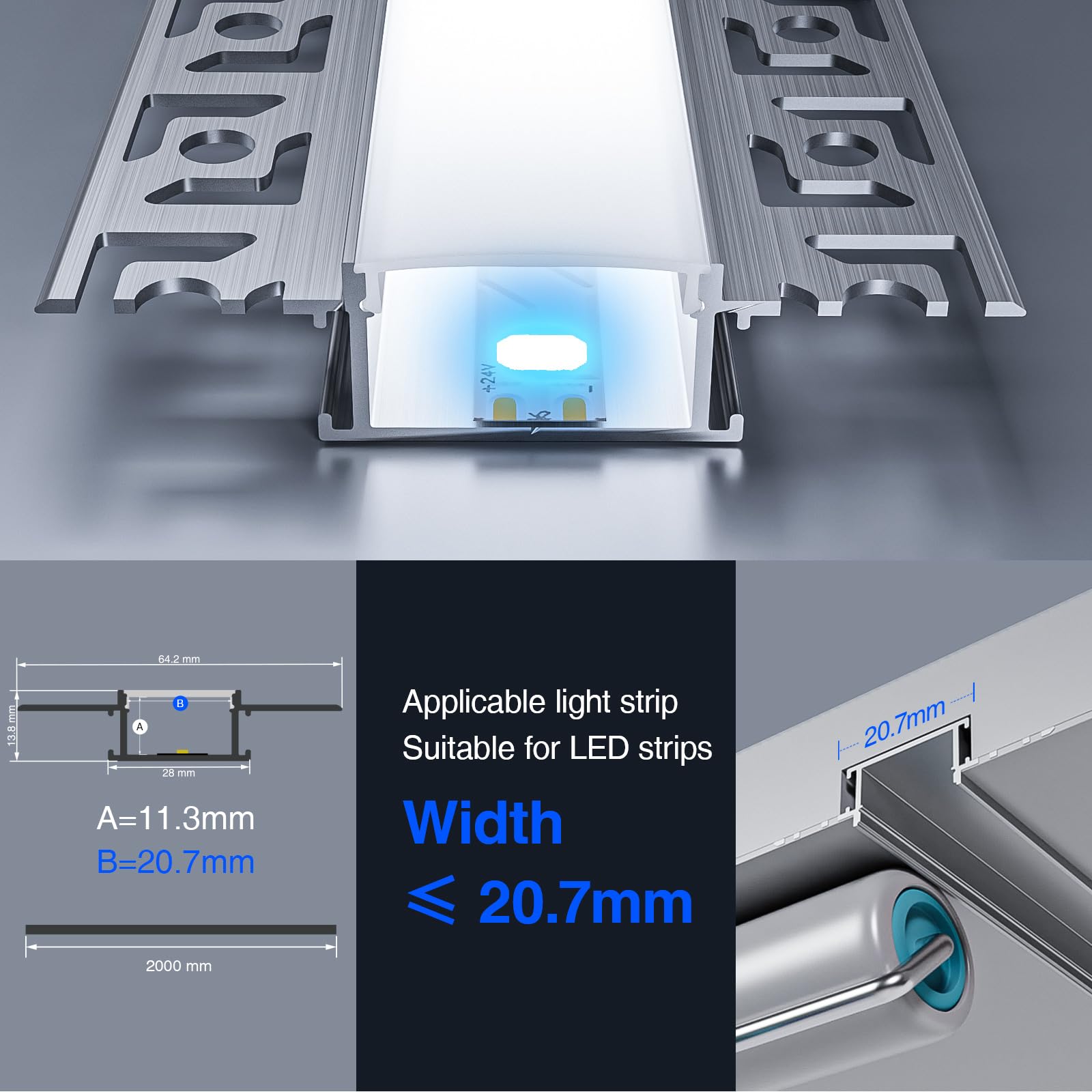 Perfil Transparente de Aluminio para Cinta LED 20 x 2M Perfil de Aluminio LED con Cubierta Blanca Crema Canal de Aluminio LED y Difusor LED (20, SP44-U-Perfil)