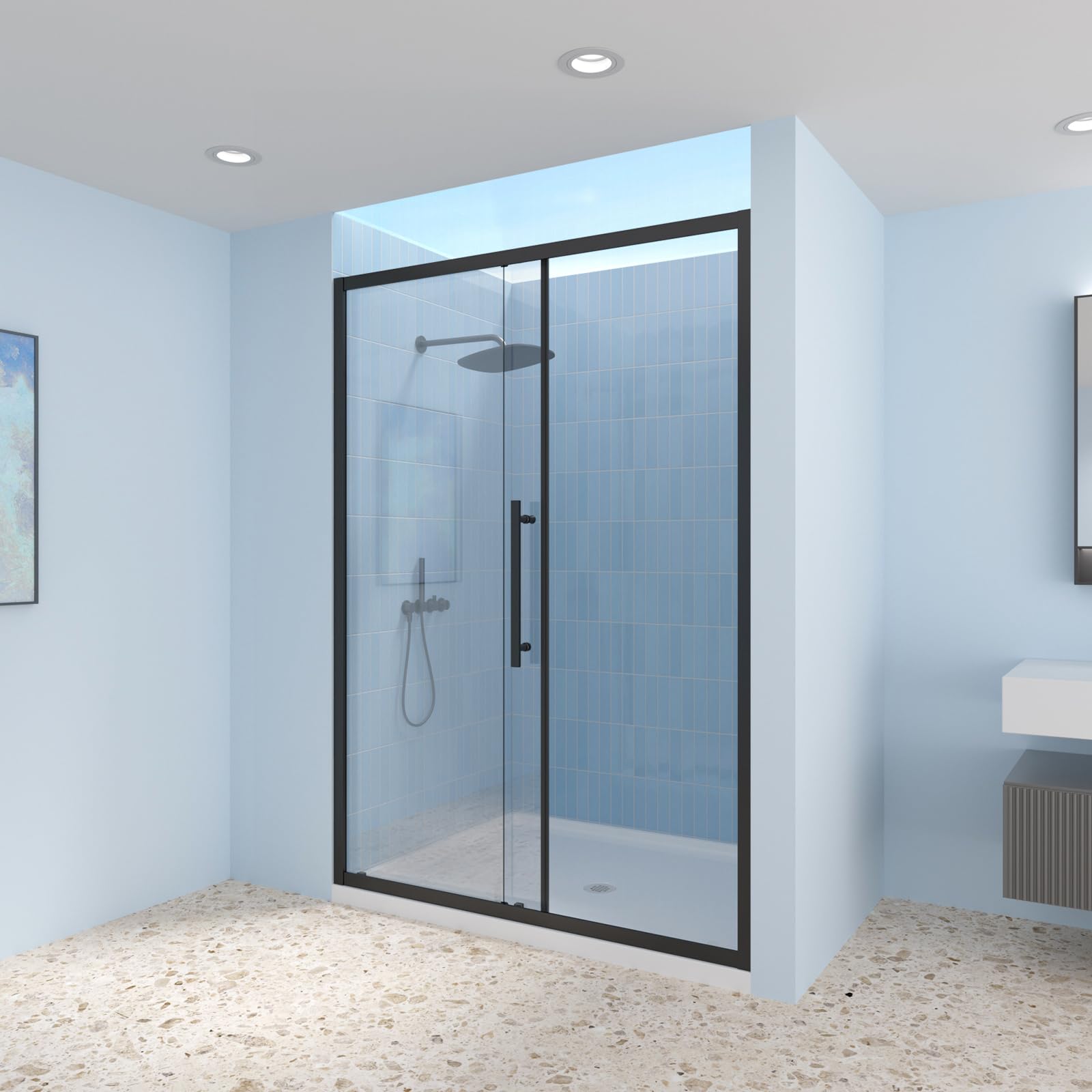 INSTER 56-60 In. W X 72 In. H Semi-Frameless Double Sliding Shower Door In Matte Black With Clear Tempered Glass (6mm - View #9