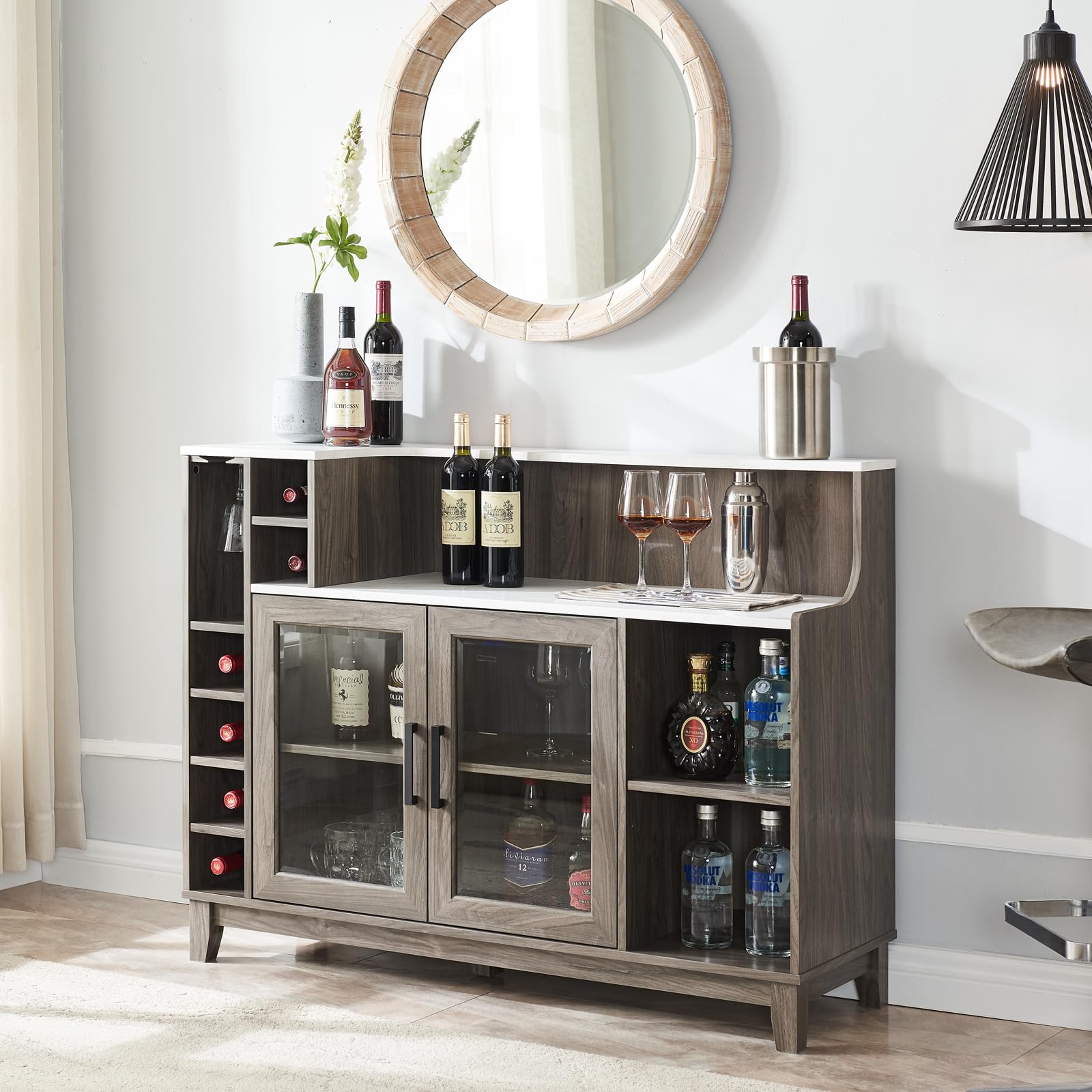 Home Source 36.6" Buffet Bar Cabinet with Wine and Glass Rack,Farmhouse Coffee Station Cabinet,Sideboard Liquor Cabinet with Storage for Kitchen,Dining Room,Stone Grey