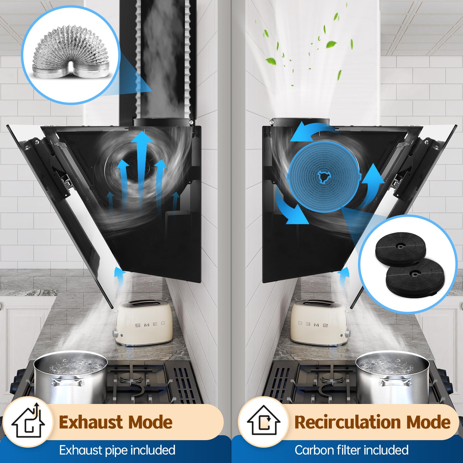 TopStrong Cooker Hood 90cm, 600 m³/h Extractor Fan kitchen, Wall-Mounted Extractor Hood, A++ Energy Efficiency, Touch Control, 58 dB, Recirculating & Ducting System, Black — view 6