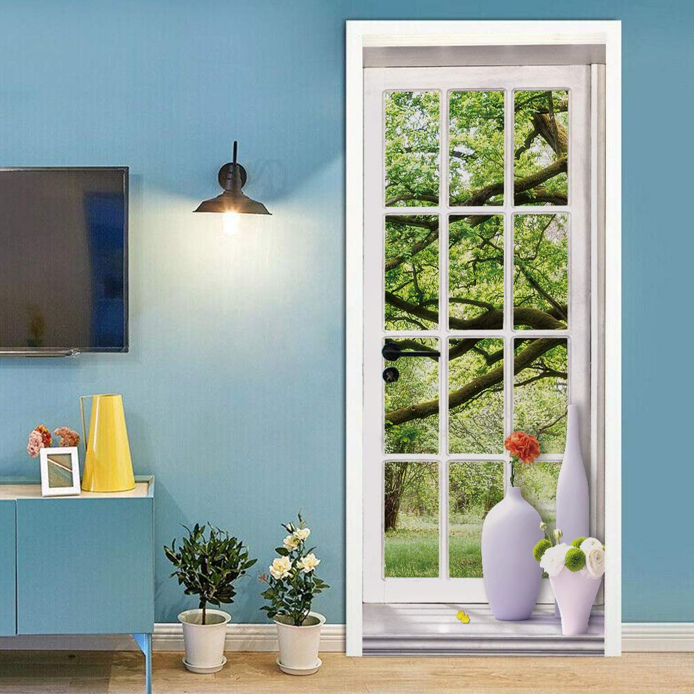Sticker de porte trompe l'oeil vase et bois 88x200cm
