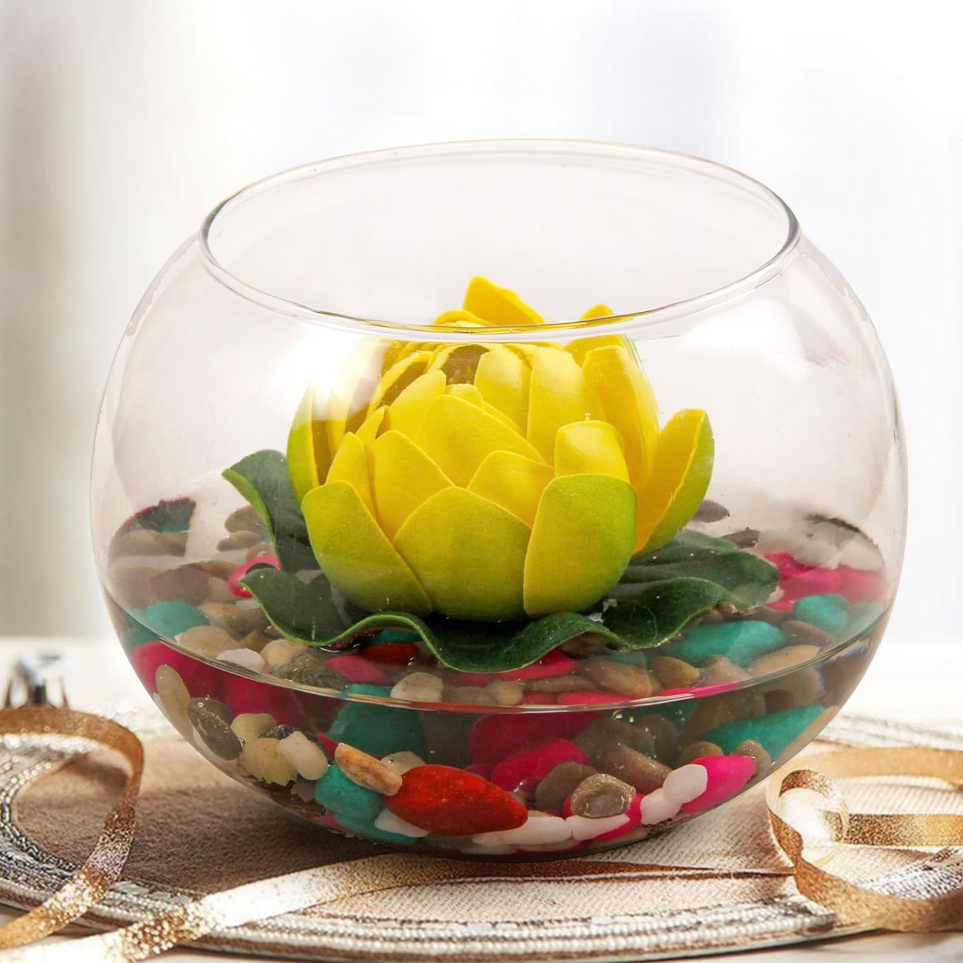 Tied Ribbons Decorative Round Glass Vase with Artificial Lotus Flower and Natural Stones for Home Decor Living Room Bedroom Office Hall Pooja Room Gift Item (B075SF43RH) Amazon Price History, Amazon Price Tracker