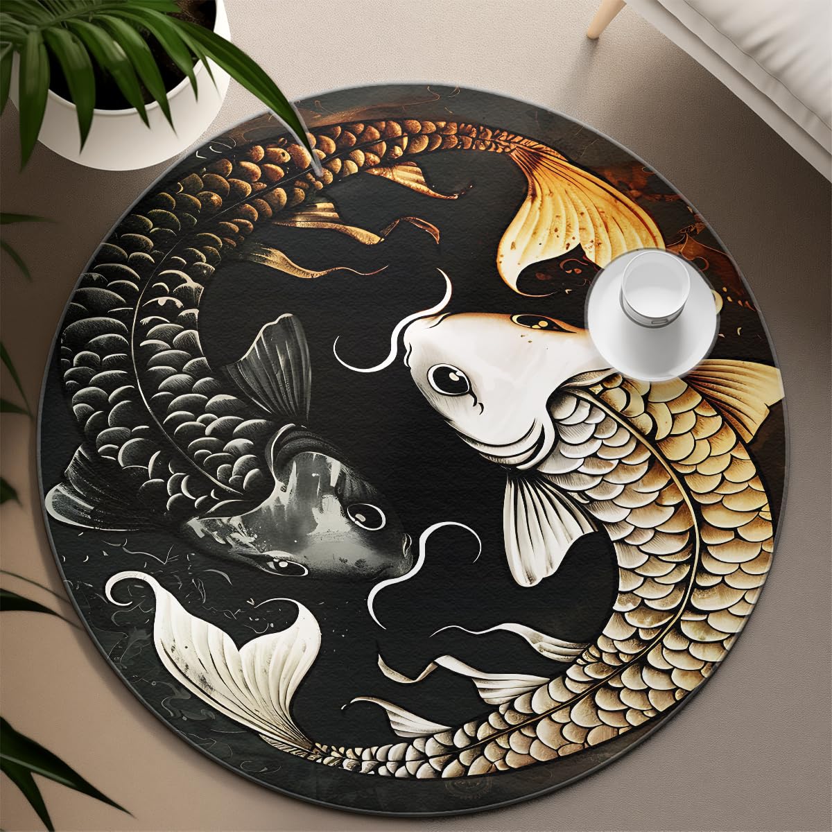 Japonais Carpe Round Carpette 100cm Lit Koi Poisson Graphique Abstrait Motif Art Lavable antidérapant résistant Tache Fin Salle Manger Circulaire véranda Tapis