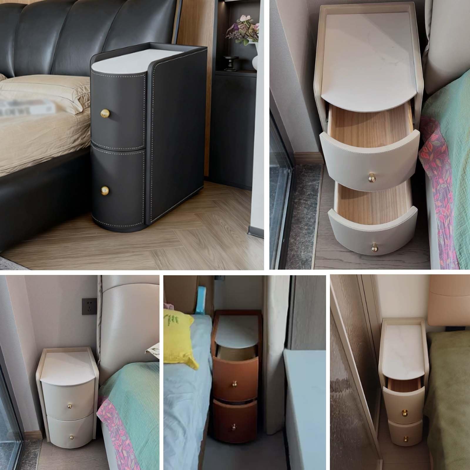 Comodino Moderno e Stretto, Piccolo Comodini con 2 Cassetti | Tavolino in Legno con Lastra di Roccia e Pu Pelle per Camera da Letto e Soggiorno