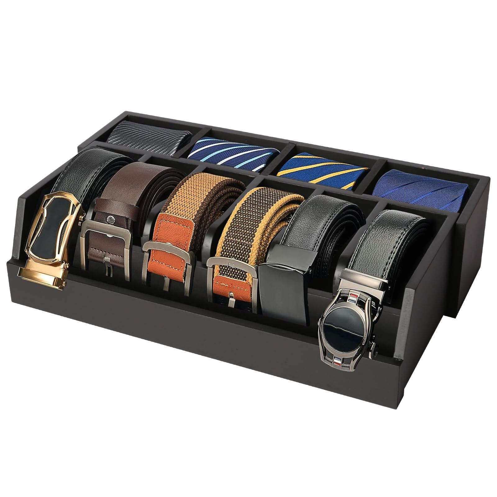 Niciksty Wood Belt Organizer, 6 Grids Belt Rack with 4 Grids Tie Rack