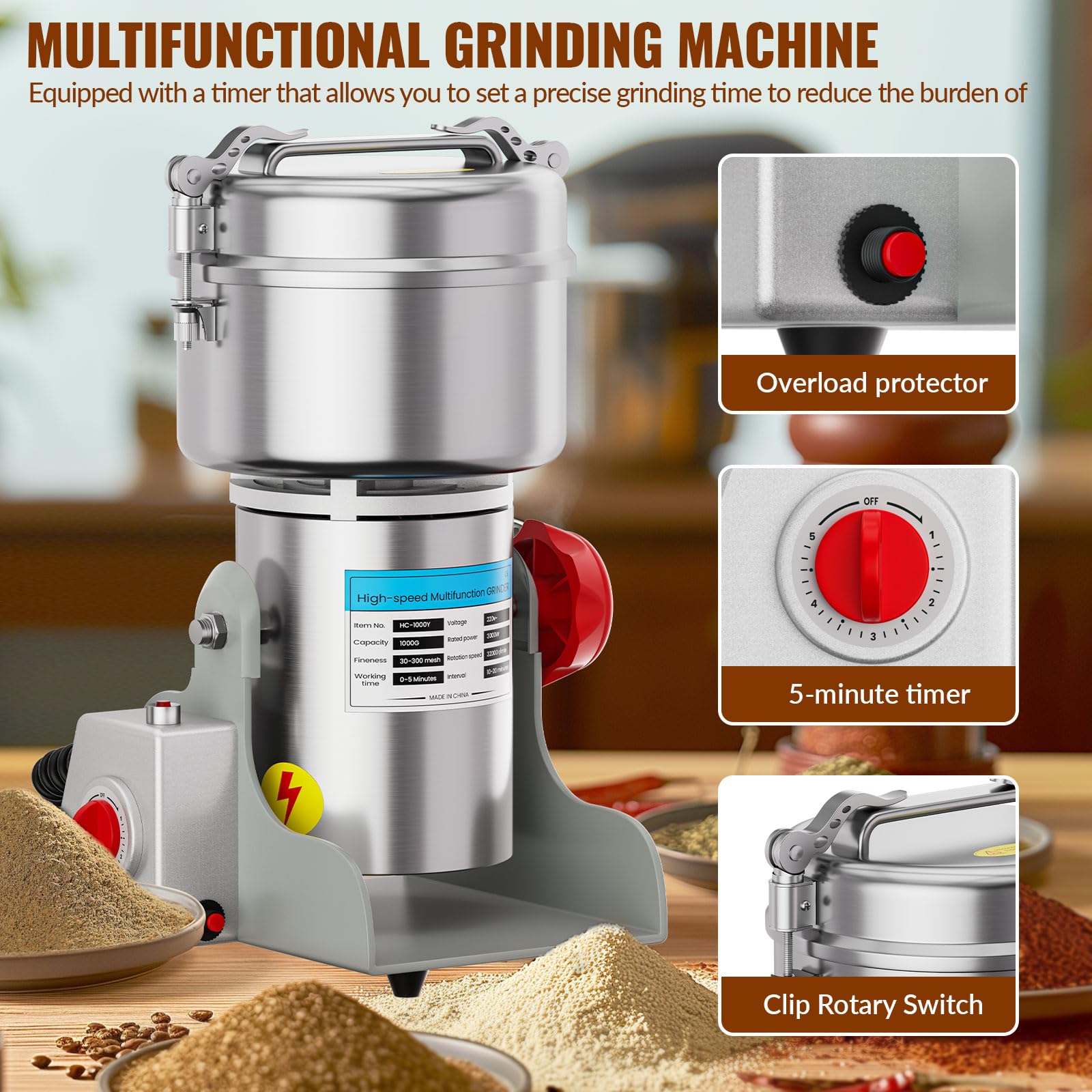Moulin à épices électrique, 1000 g haute vitesse avec 3000 W, 30-300 mesh pour herbes, épices, noix, céréales avec protection contre les surcharges