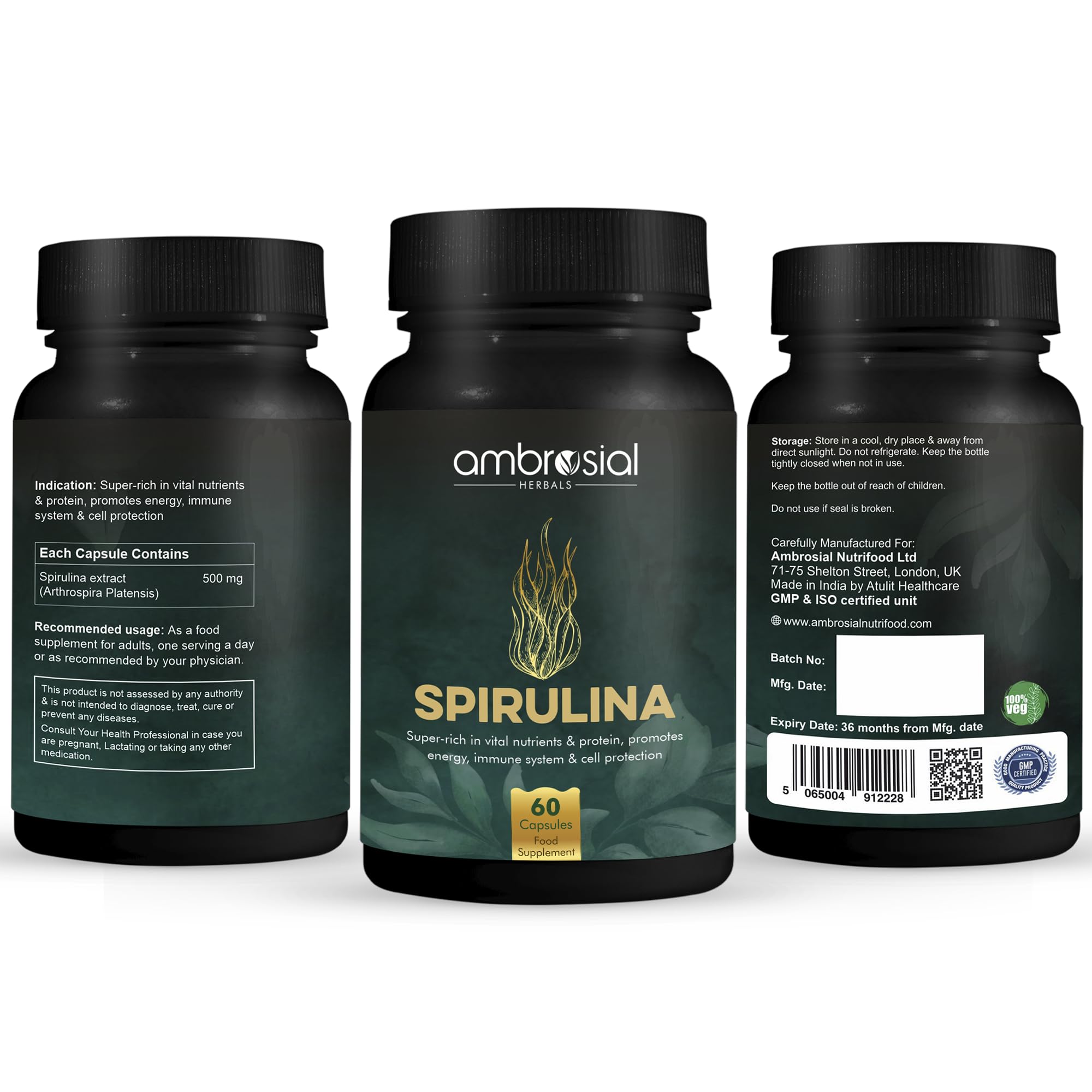 Ambrosial Spirulina Capsule High Strength 500 mg EACH Capsule | Certified Spirulina Tablets for Energy and Immunity | Richest Source of Protein (Pack of 1-60 Capsules) — Amazon image 6