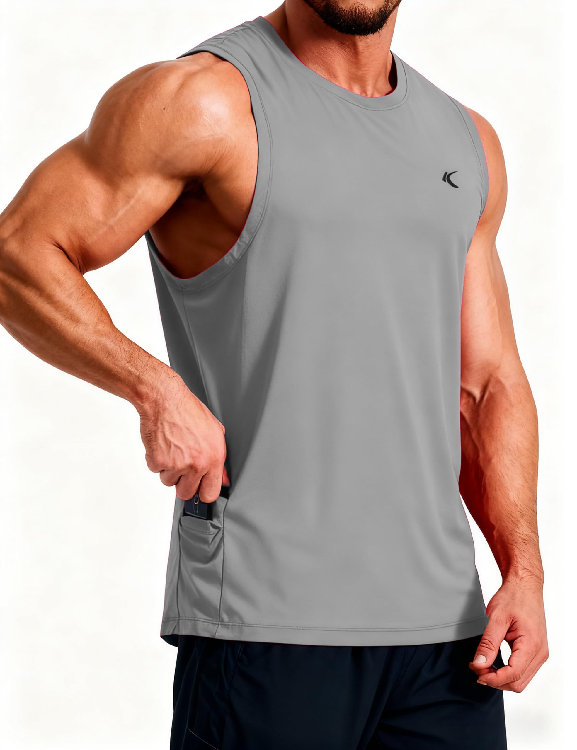 KPSUN Men's Quick Dry Workout Tank Tops Sleeveless Gym Muscle Shirts Fitness Running Athletic Swim Shirt with Side Pocket