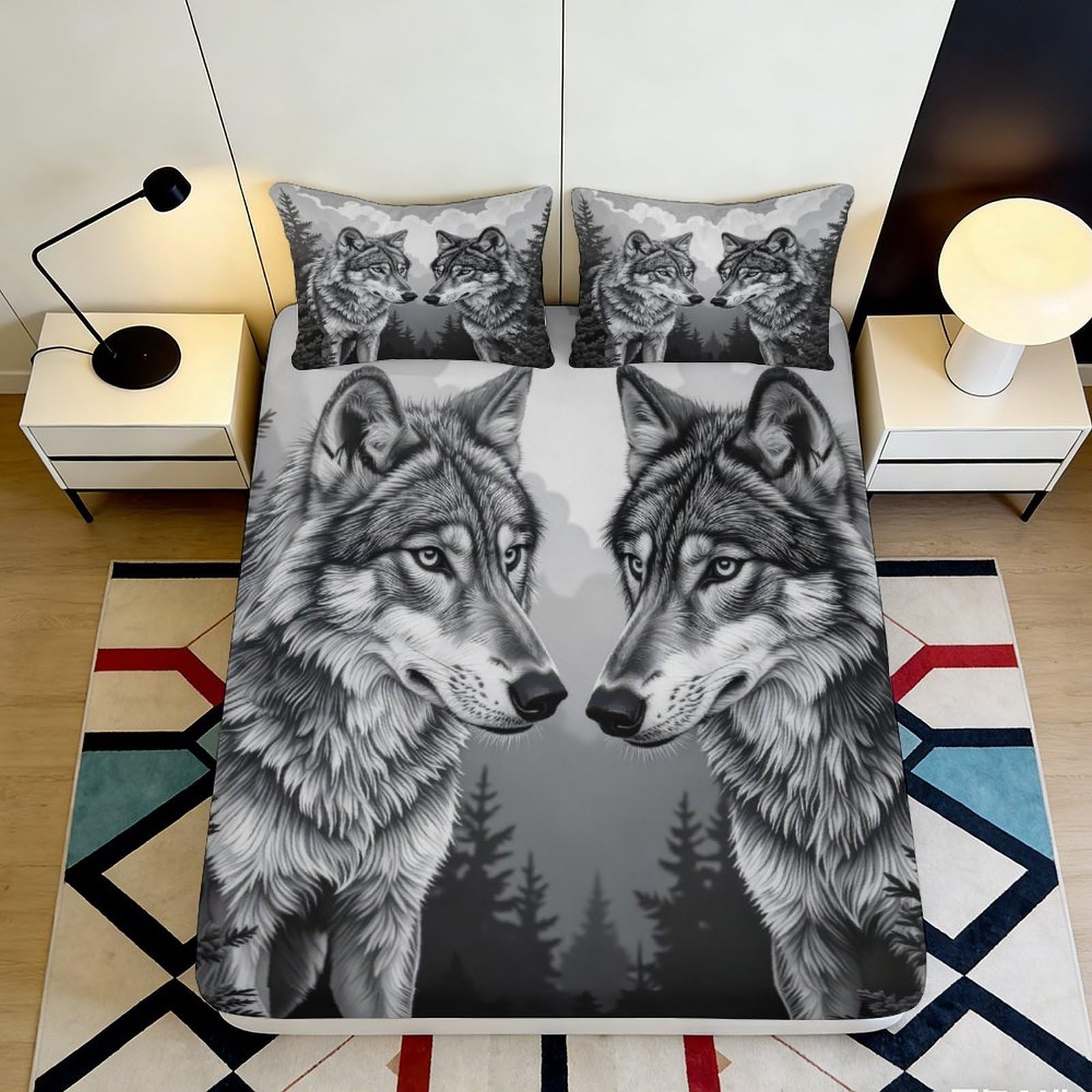 3D Printed Wolf Forest Fitted Sheet Microfiber Non-slip Bed Cover for Bedroom Dorm Mattress Protection Decor 200x200x25cm