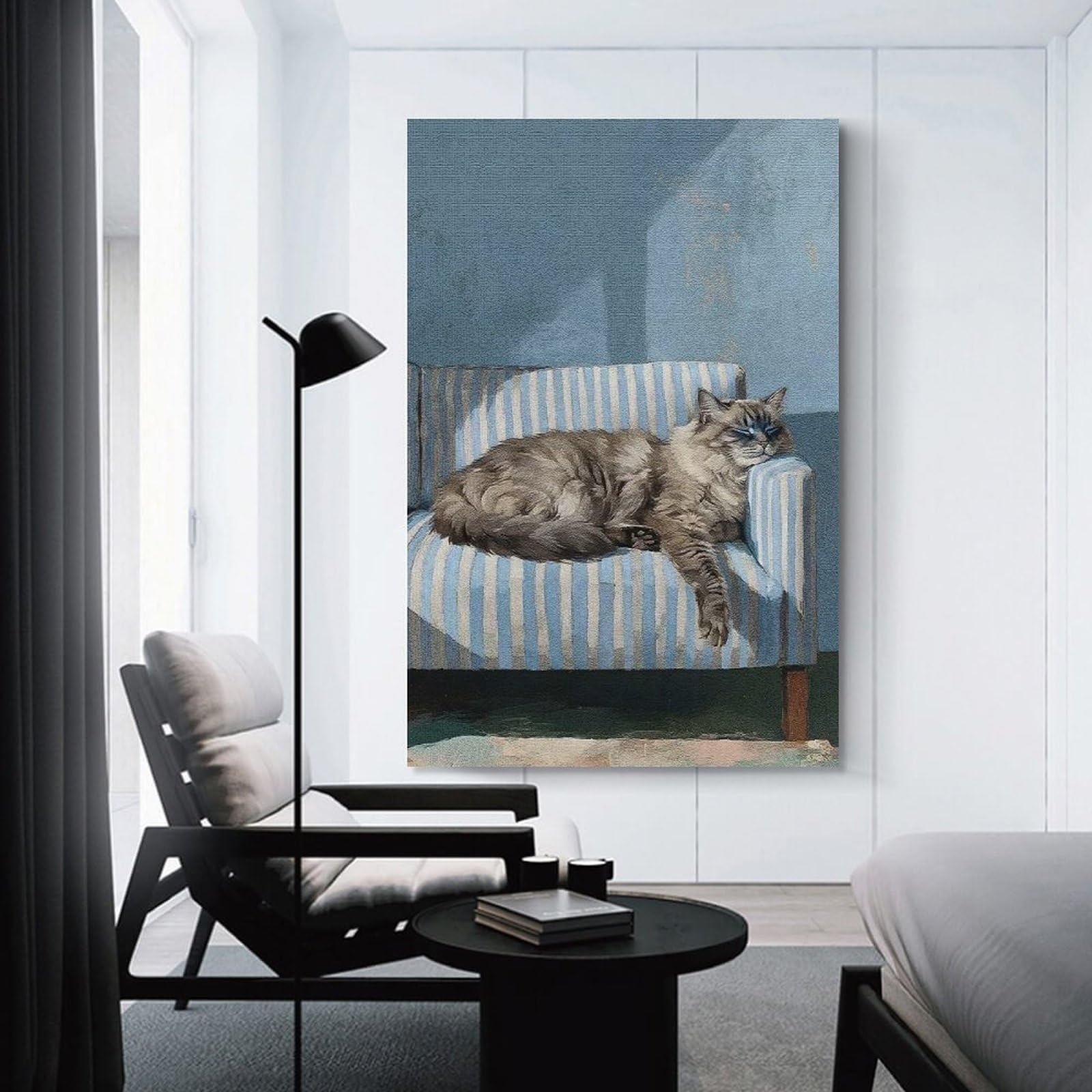 Junmoney Cat Nap on Striped Couch Canvas Wall Decor 12x18inch(30x45cm), for Study, Office Or Focused Interiors, Wall Art That Adds Style to Work Areas