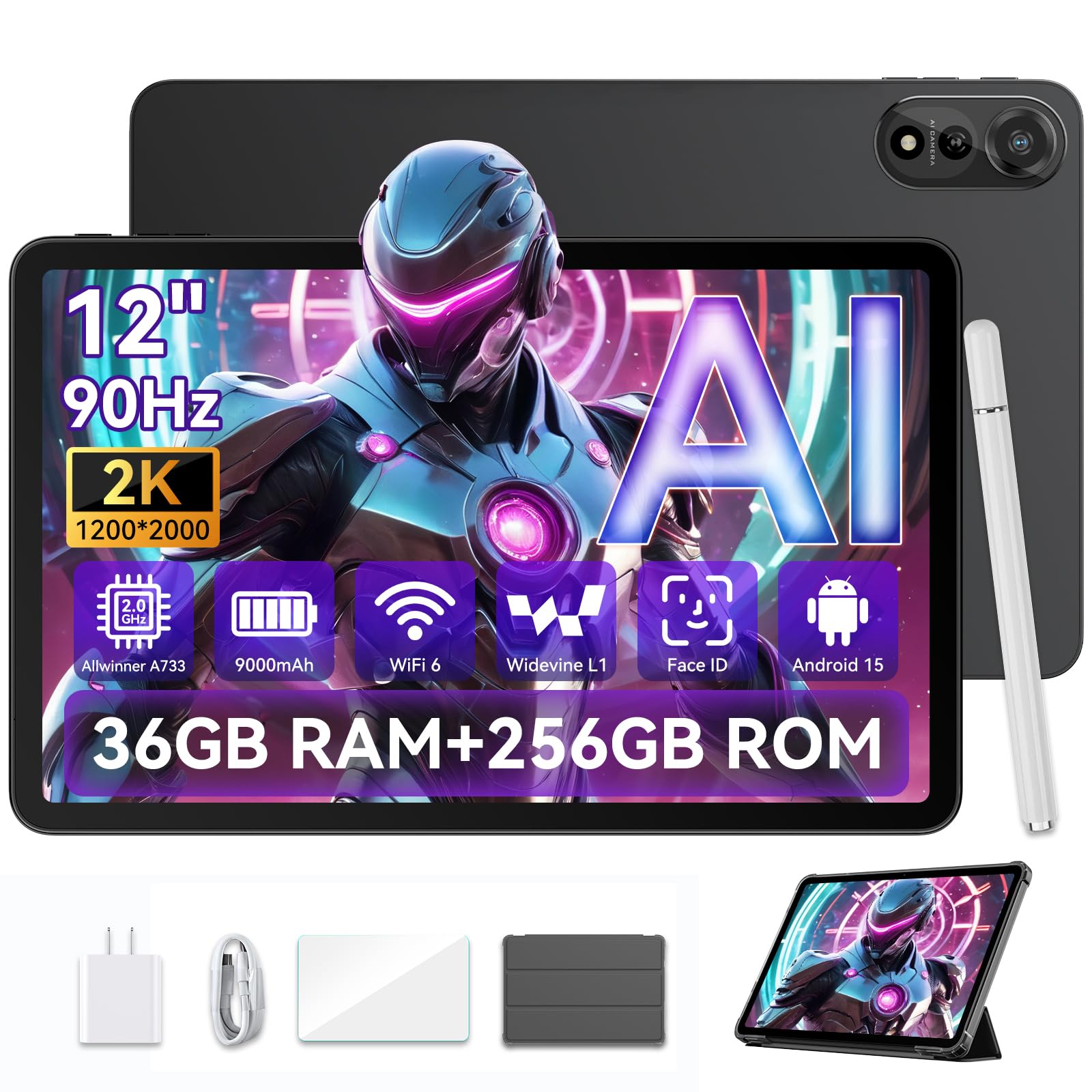 കറുപ്പ്view Mega2 WIFI tablet's Allwinner A733 Octa-core AI chip, 36GB RAM, and 256GB ROM.