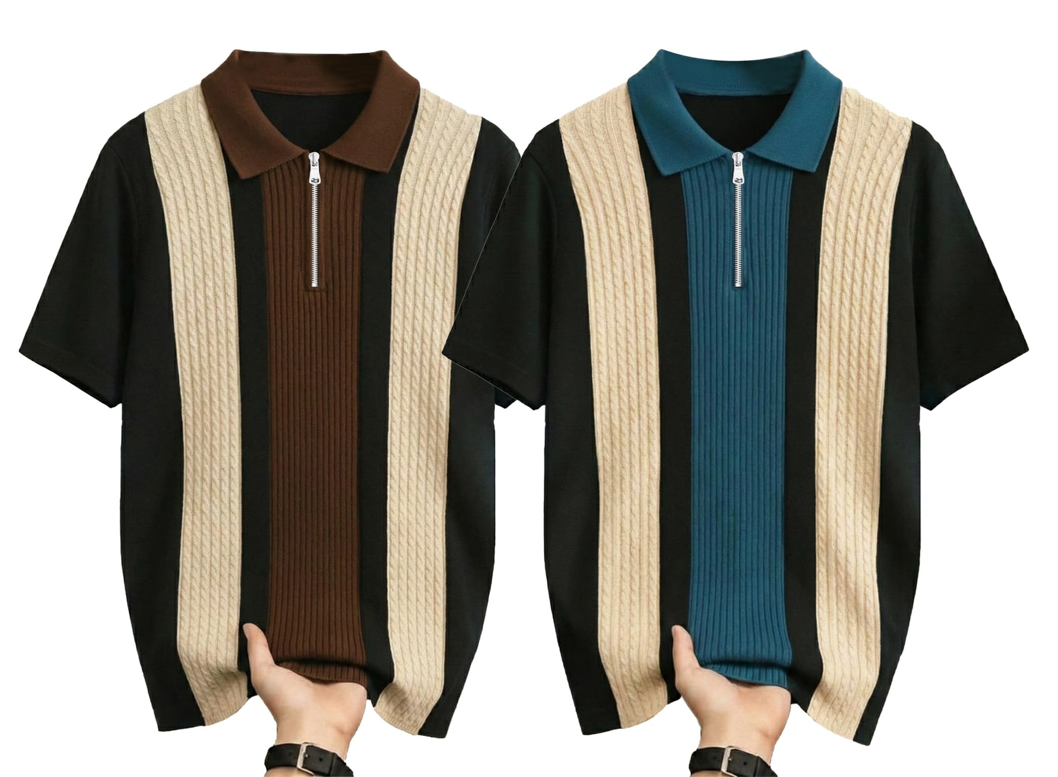 Men's Half Sleeve Regular Tshirt Striped Polo Neck Beige-picture-24