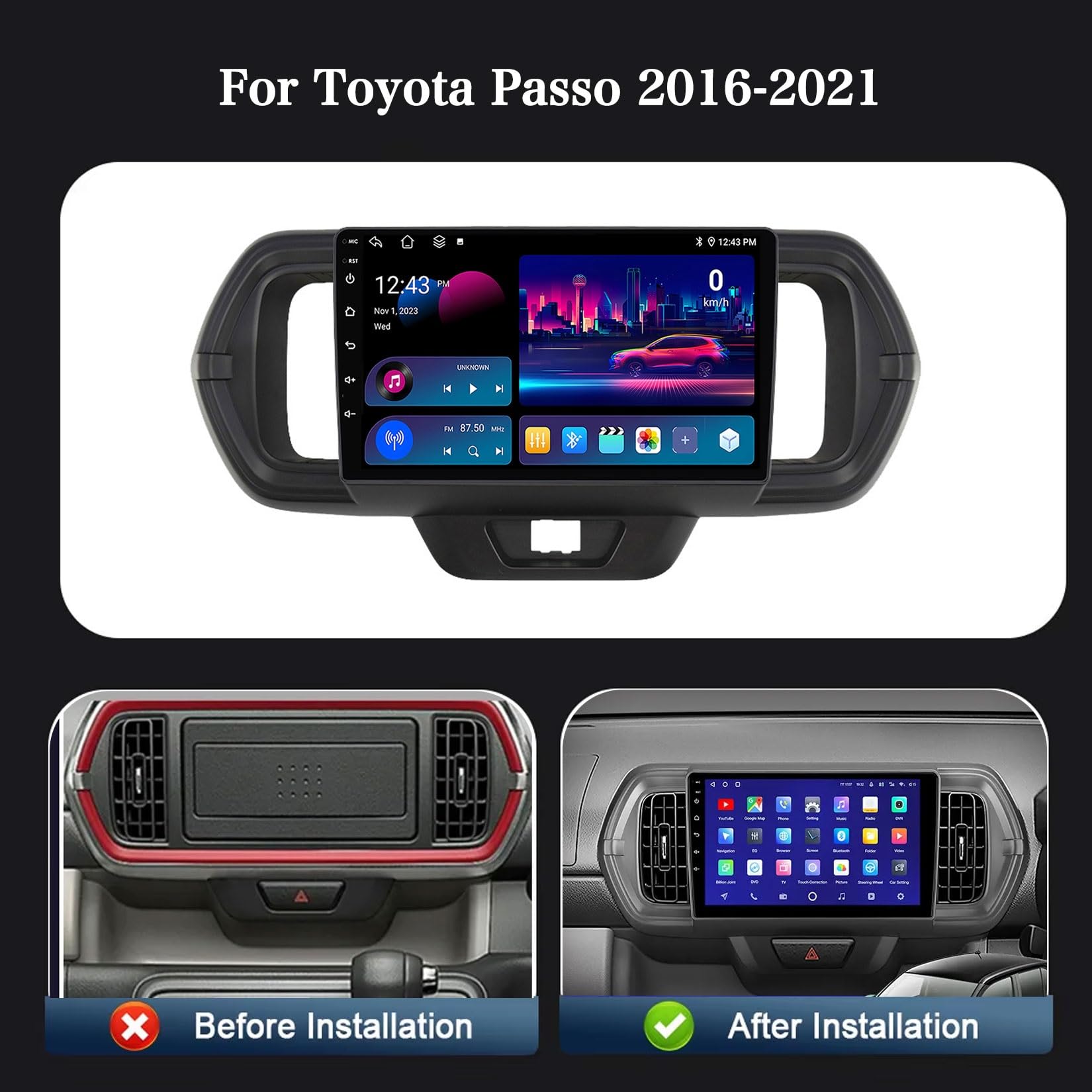 HIBIYA Radio samochodowe 2 DIN z ekranem do Toyota Passo 2016-2021, Android 14 radio samochodowe 9 cali z GPS RDS USB Bluetooth Mirrorlink sterowanie kierownicą + kamera cofania (B,Y2 8Core 4 + 64G)