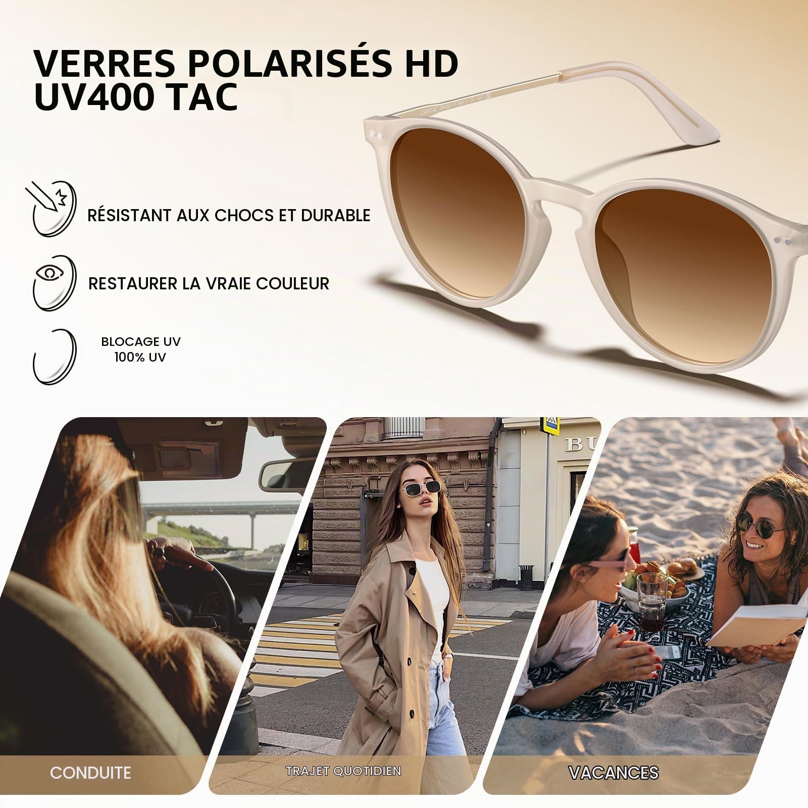 Carfia Lunettes de Soleil Polarisées Élégante Pour Hommes et Femmes Protection UV Légère Lunettes Rondes