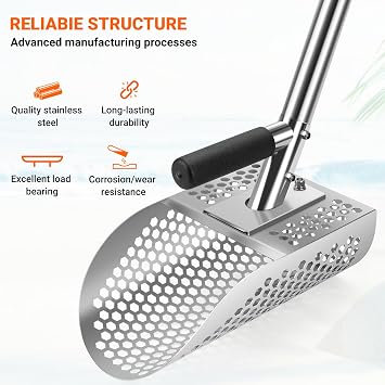 Long Handle Sand Scoop with Shovel for Metal Detecting, Heavy Duty Stainless Steel Metal Detecting Tool, Treasure Finds Scoop, Fast Sifting Shovel