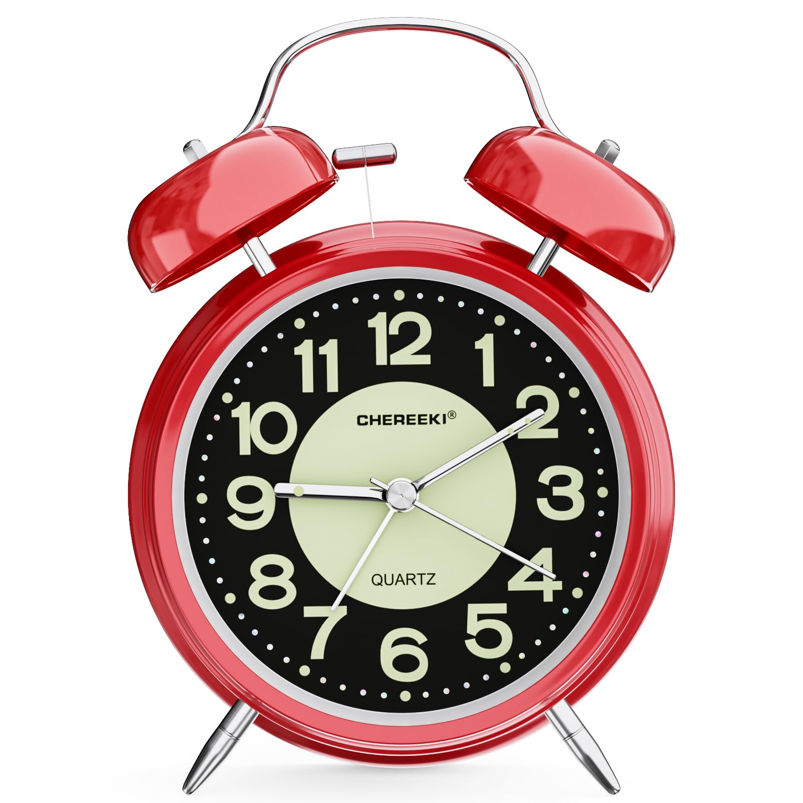 CHEREEKI Twin Bell Alarm Clock for Heavy Sleepers With Large Digits, Retro Battery Operated Night Light for Bedside, Bedroom (Battery Included) (Red)