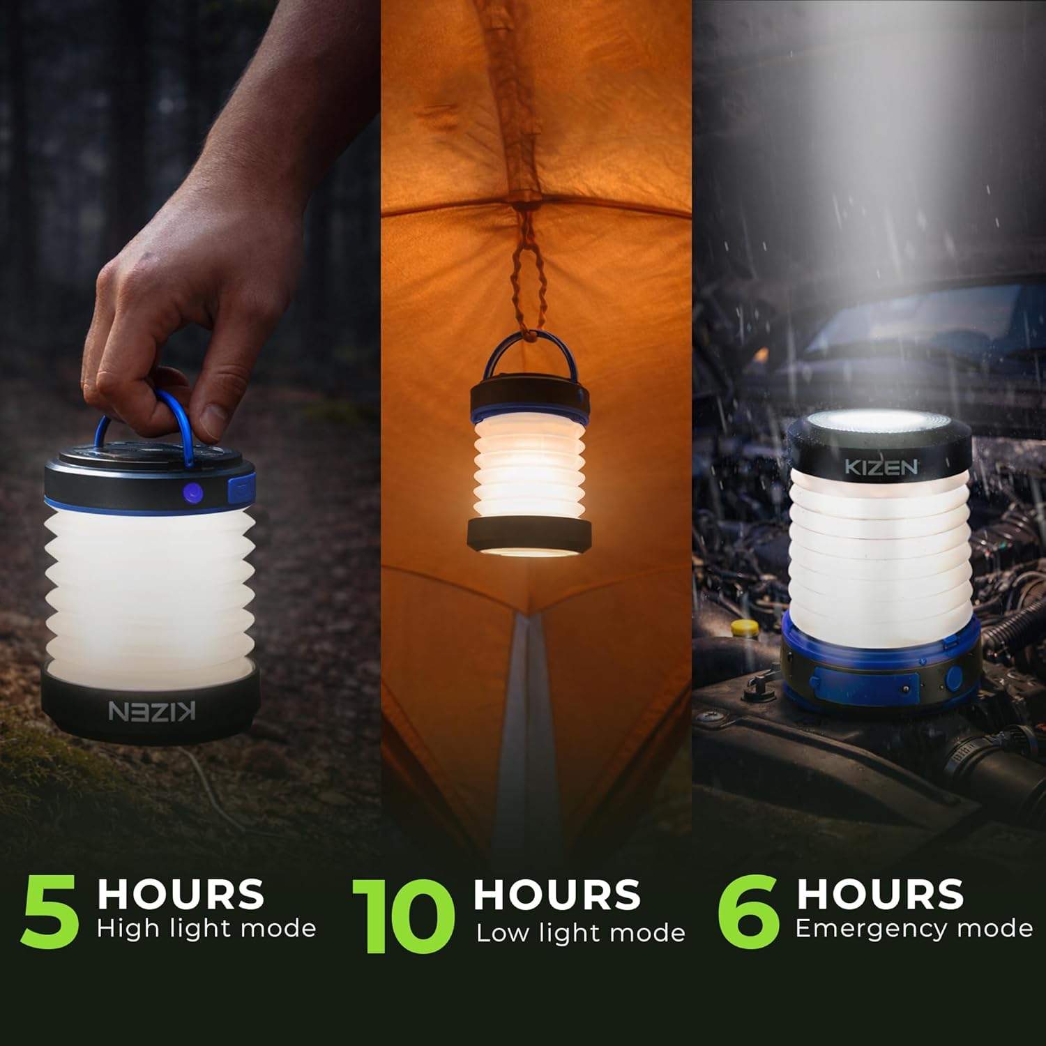 Kizen Outdoor Solar Lantern - Solar or Plug Rechargeable Lantern - Collapsible LED Light for Power Outages - Camping Essential Lamp for Tent Light, Hanging, or Flashlight
