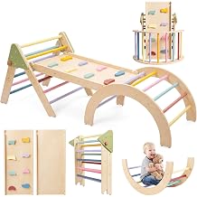7in1 Toddler Climbing Frame, Wooden Baby Climbing Toys Indoor Play Gym for Boys Girls, Foldable Montessori Pikler Triangle Set with Arch&Ramp&Ladder for Kids,Indoor Play Equipment for Children-Rainbow