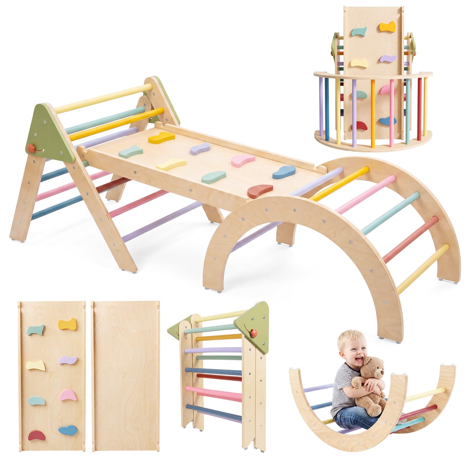 Montessori Klettergerüst Indoor Set, 7-in-1 Holz Kletterspielzeug, Faltbares Pikler-Dreieck-Set mit Rutsche, Leiter & Spielbogen, Indoor Spielgerät für Babys & Kinder 1-3 Jahre - Regenbogen