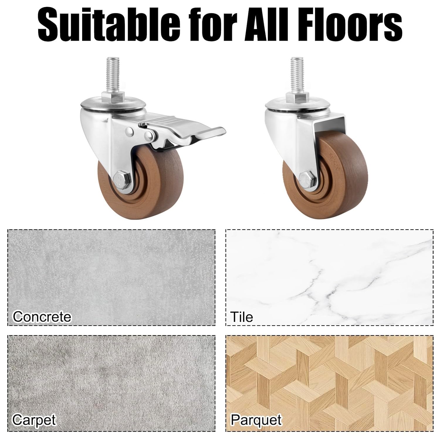 Set di 4, 75/100/125 mm Ruote Girevoli per Carichi Pesanti, con Stelo Filettato M16, Ruote in Nylon Industriale, con Freno, per Carrello da Cucina, Carrelli(Brake,4inch)