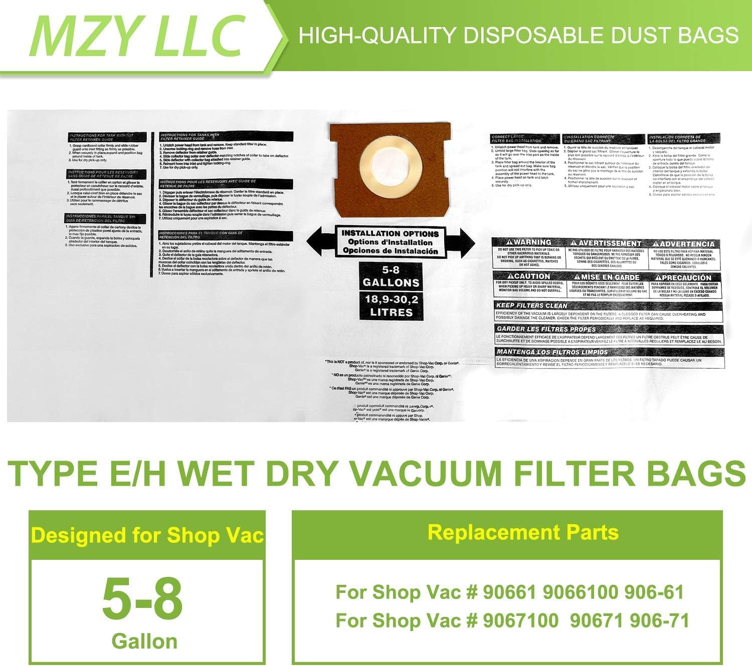 Filtro de repuesto para filtros Shop Vac 90304 90585, 90107, 90350, 90333, filtro de aspiradora en seco y húmedo, se adapta a la mayoría de aspiradoras húmedas/secas de 5 galones en adelante, bolsa de