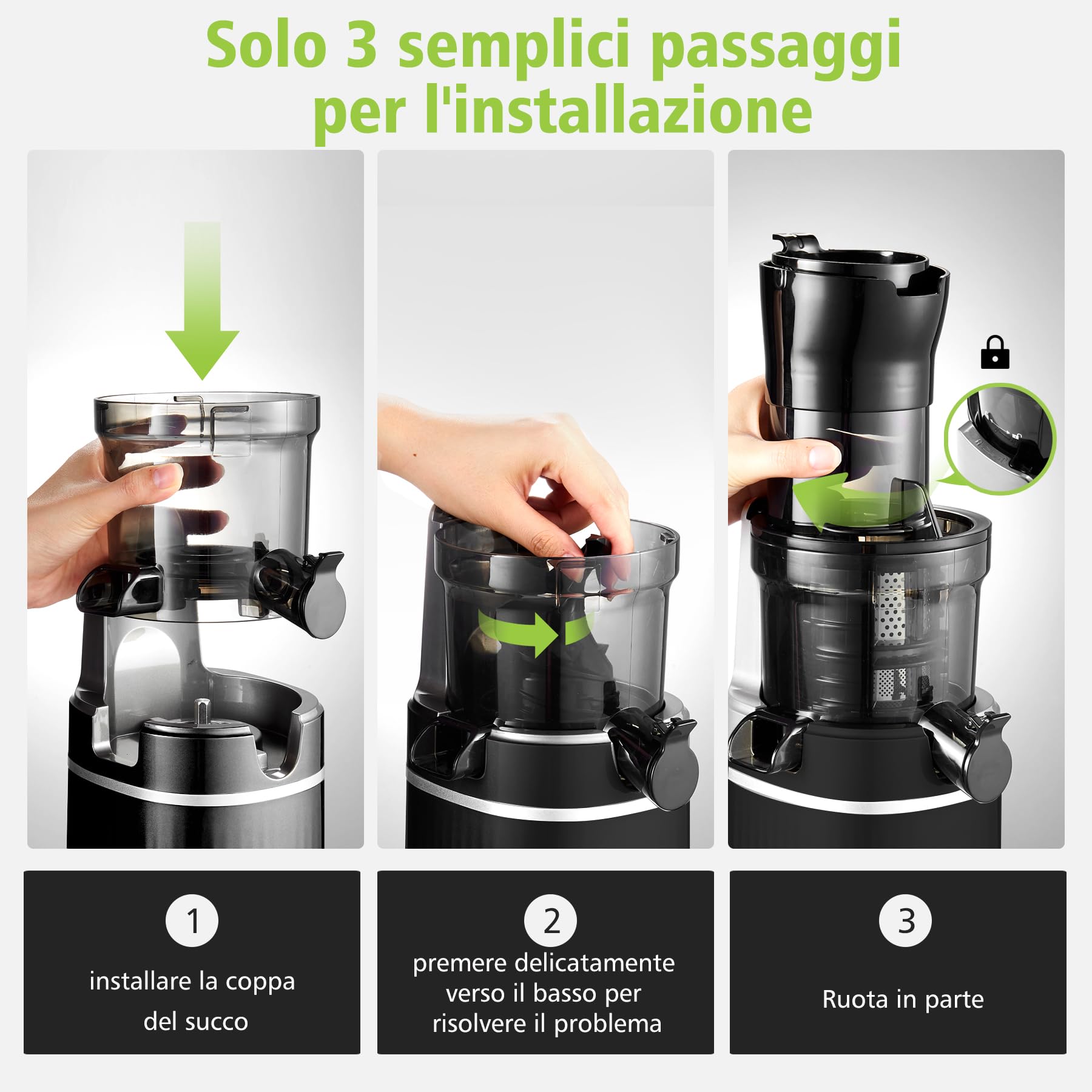 AOBOSI Estrattore frutta e verdura 200W-Estrattore di succo con funzione di inversione e due dimensioni di filtro-Estrattore frutta e verdura a freddo per frutta e verdura con chip intelligente.Verde