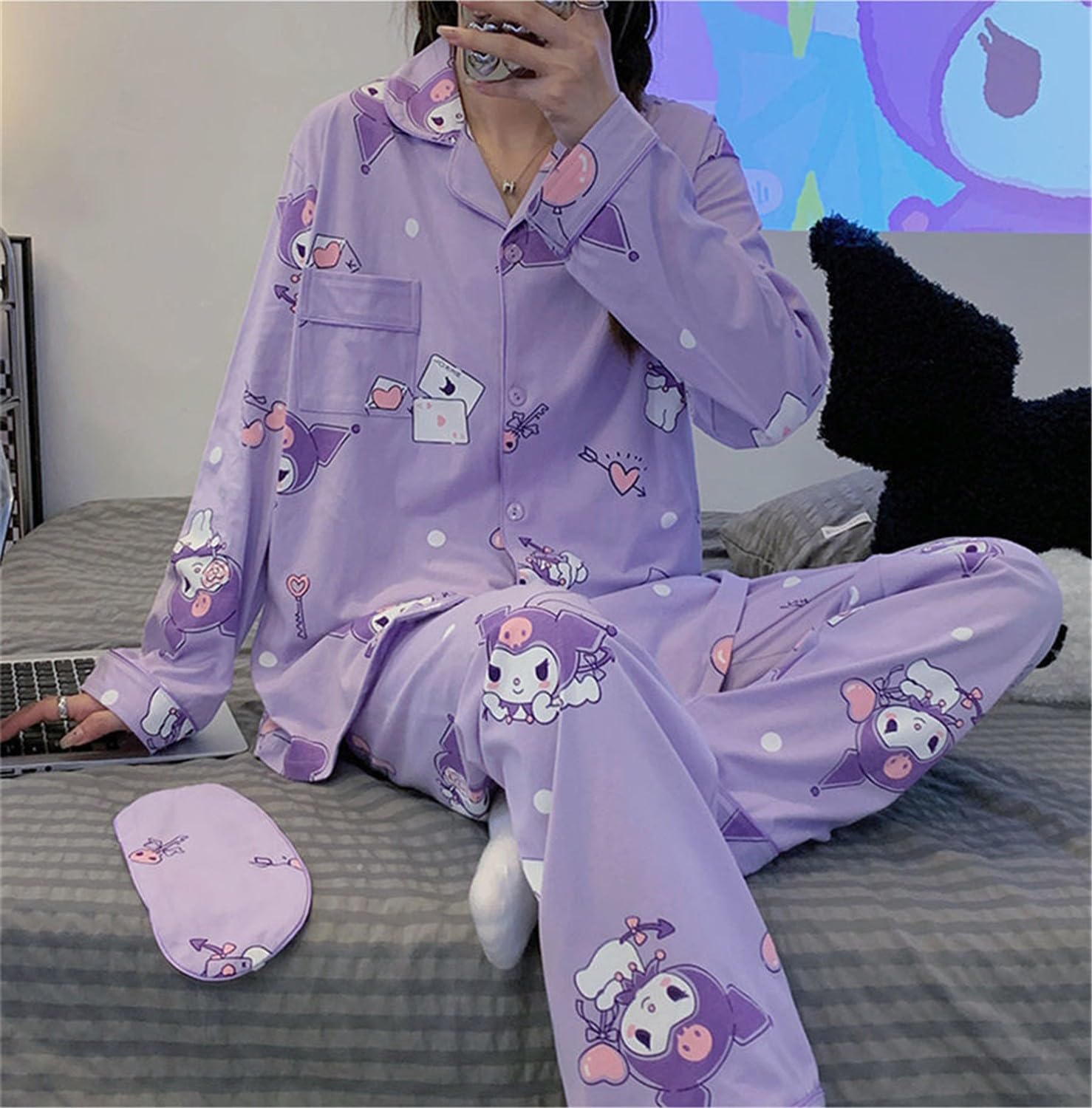 Kawaii Cartoon Pijama Mujer Niña Camiseta de Manga Larga y Pantalón Largo Conjunto 2 Piezas Ropa de Domir para Primavera Verano Morado/1 M