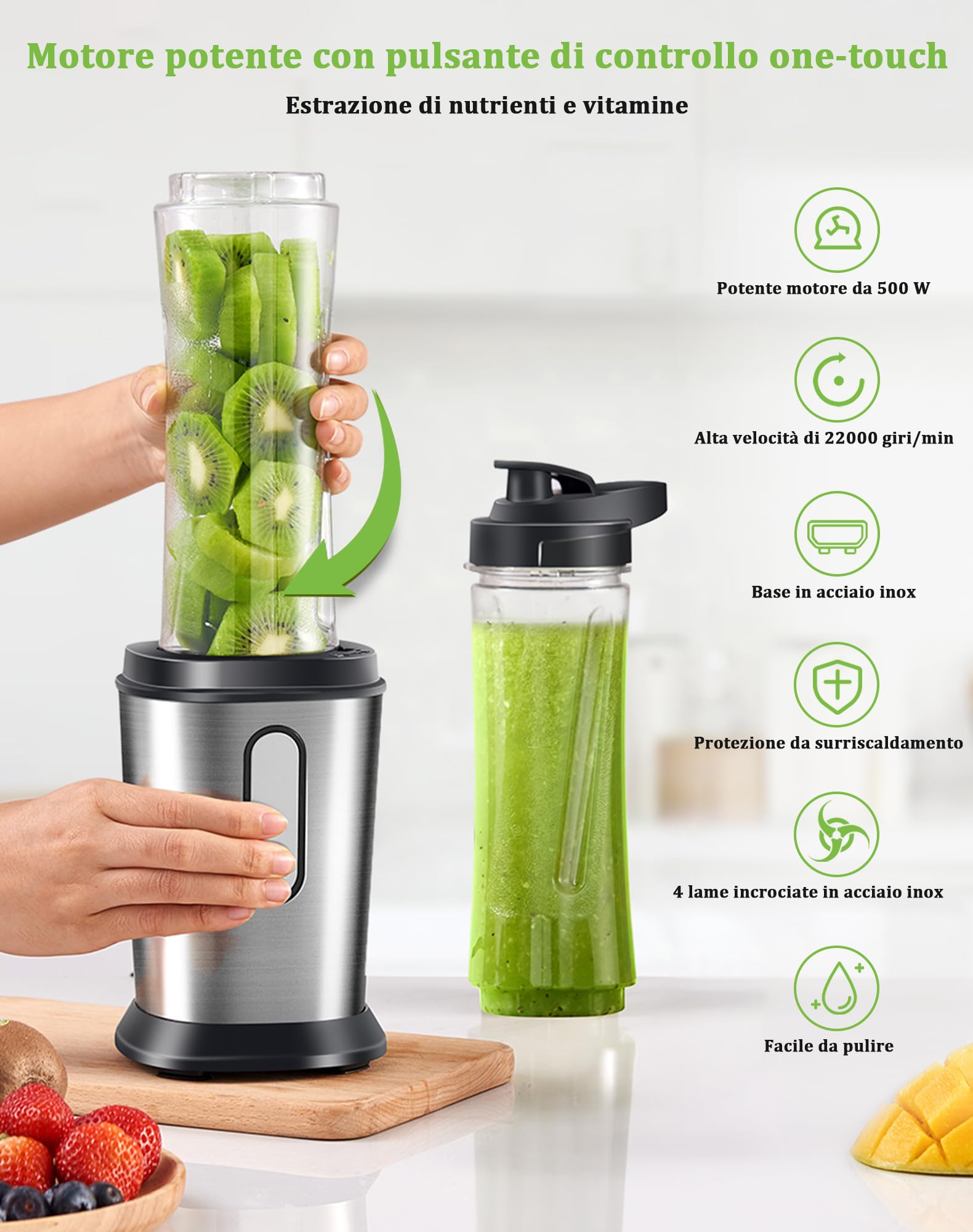 Frullatore, 500W Mini Portatile Frullatore Smoothie con 2 Bottiglie Portatili 600ml, Frullatore Tritatutto Multifunzione per Gelato, Frutta, Verdura (Argento E Nero)