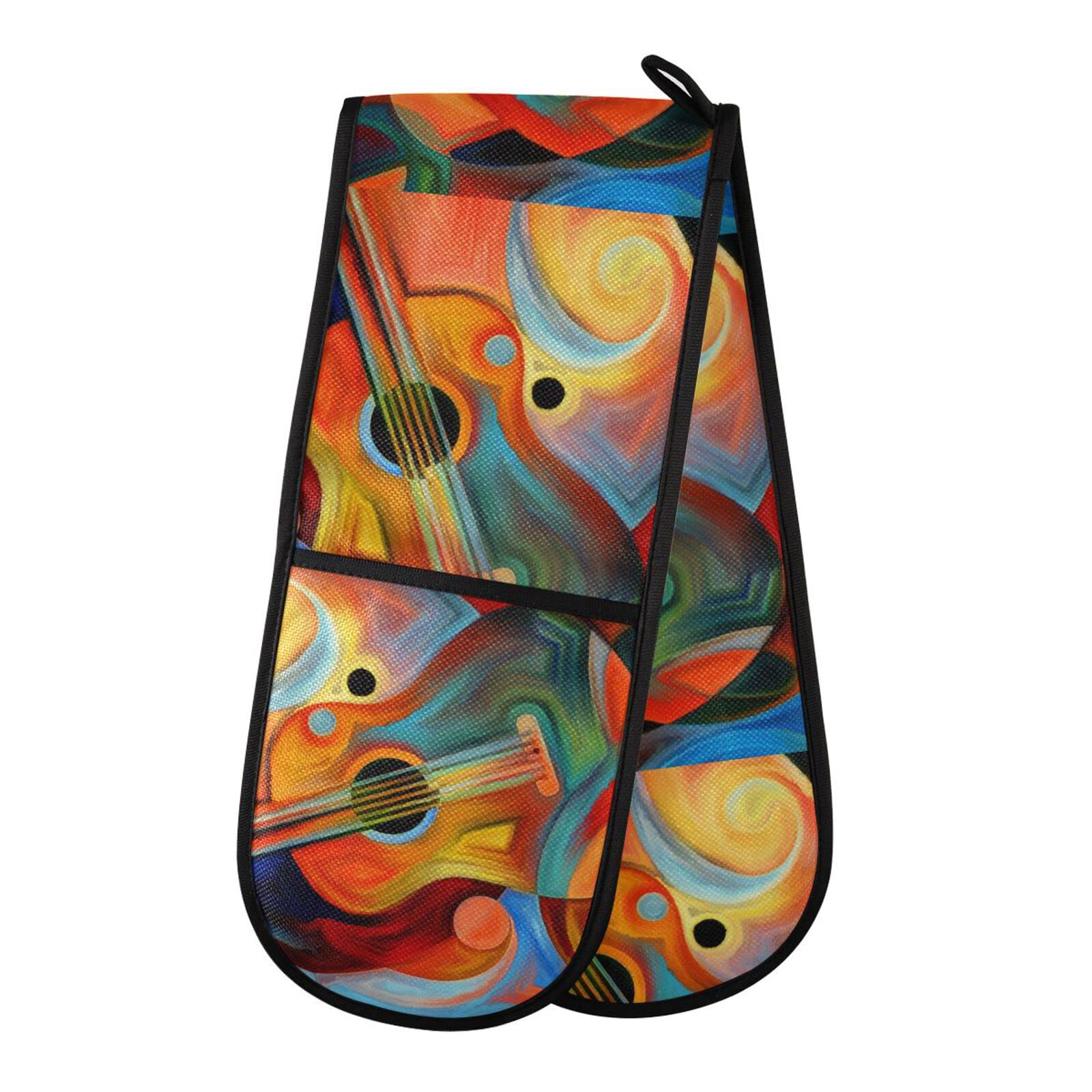Double Oven Glove Abstract Music Guitar Violin Heat Resistant Double Ovens Mitt Modern Cooking Gloves Potholders