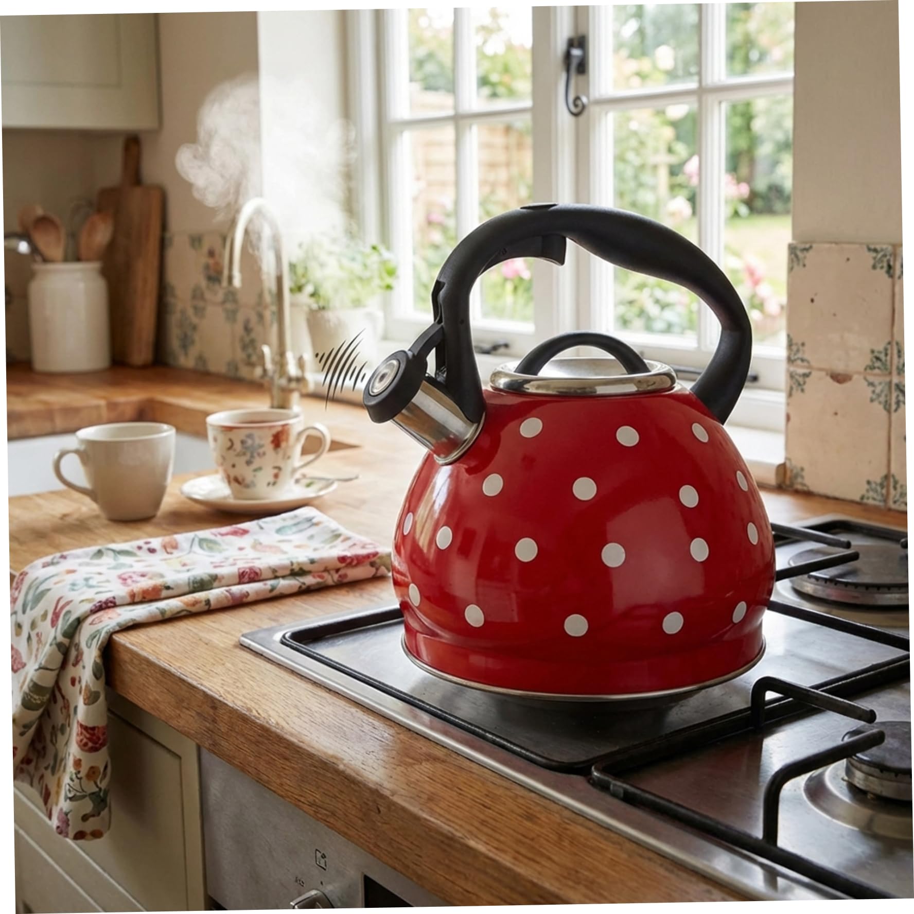 Pfeifender Teekessel für den Herd, 3, 2 Quart, Edelstahl-Teekessel, gepunktete Teekanne mit ergonomischem Cool-Touch-Griff, Rot, Feiertagsstatuen