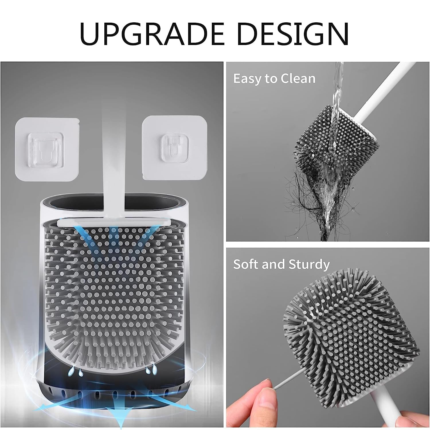 Brosse WC Silicone Gris - Antibactérienne, Séchage Rapide Avec Support Mural Ou Debout