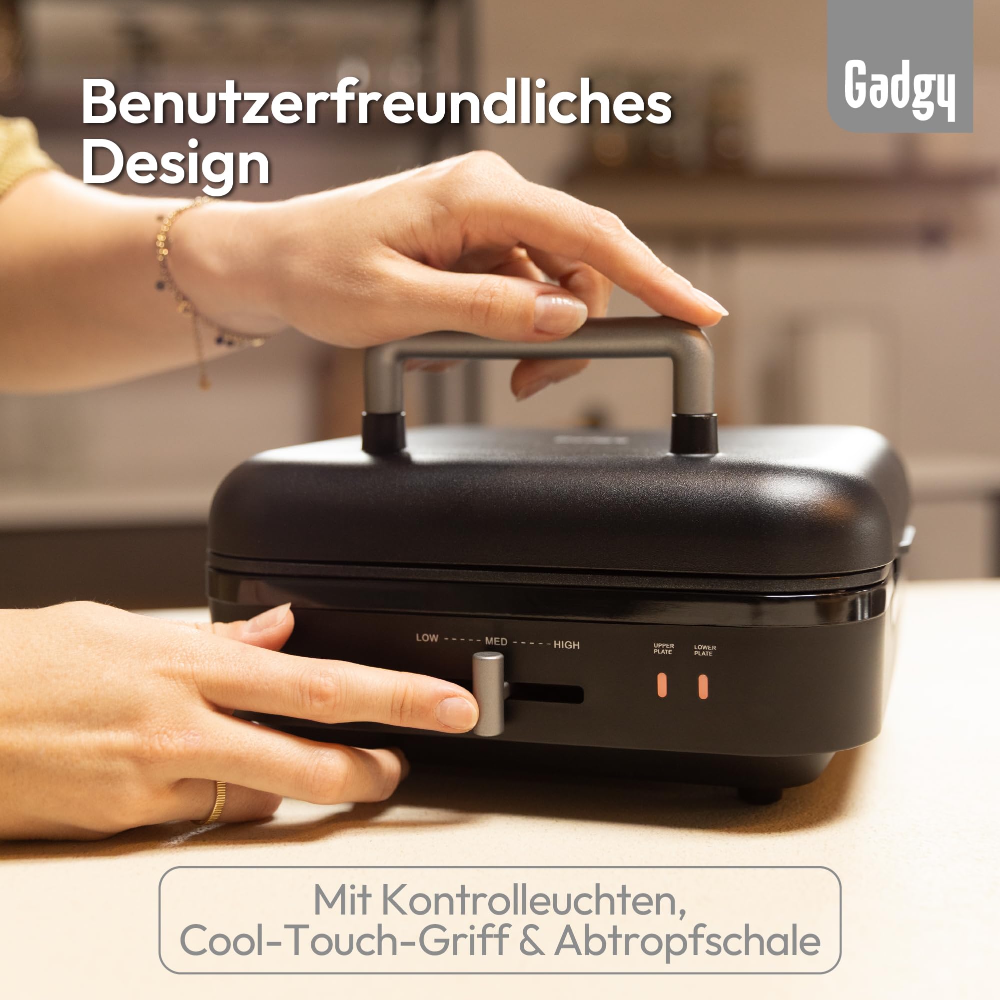 Gadgy Kontaktgrill – Elektrische Tischgrill mit abnehmbarem Grillboden – Einstellbare Temperatur – Ein- & Doppelseitiges Grillen – Antihaftbeschichtung – 1400W – Matt Schwarz/Silber