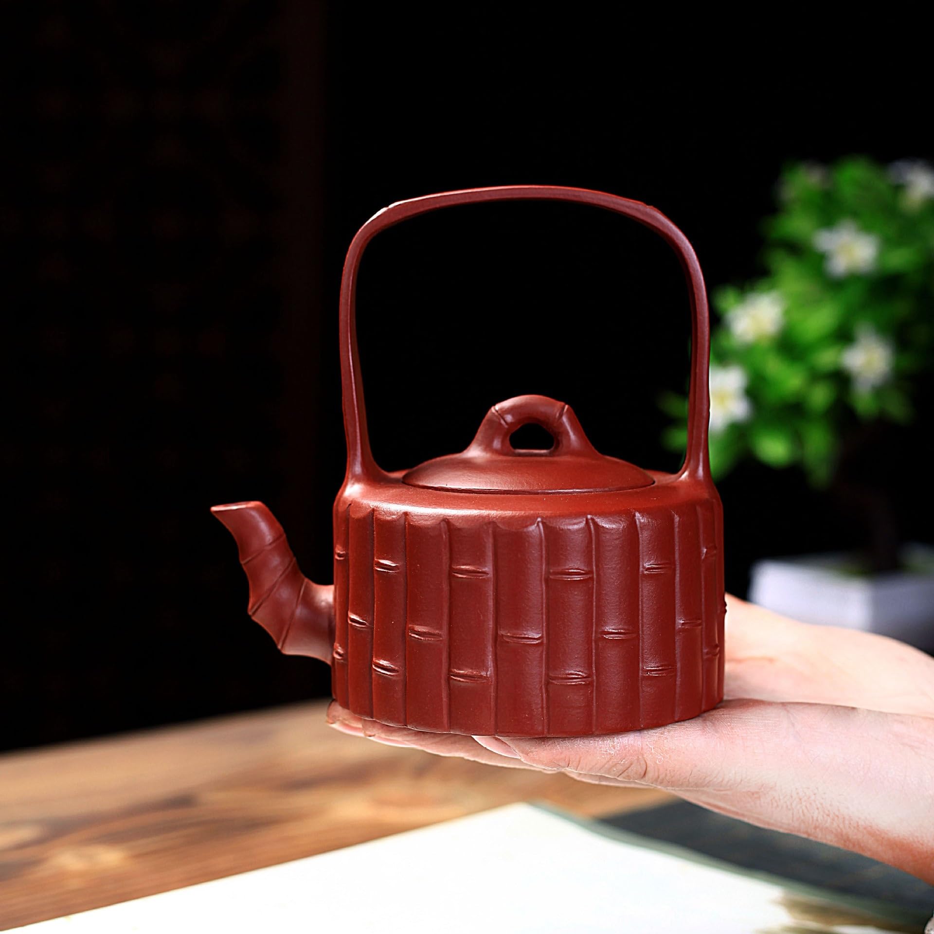 Tetera china de arcilla morada con mango de bambú, juego de té Kung Fu hecho a mano con infusor para elaboración tradicional