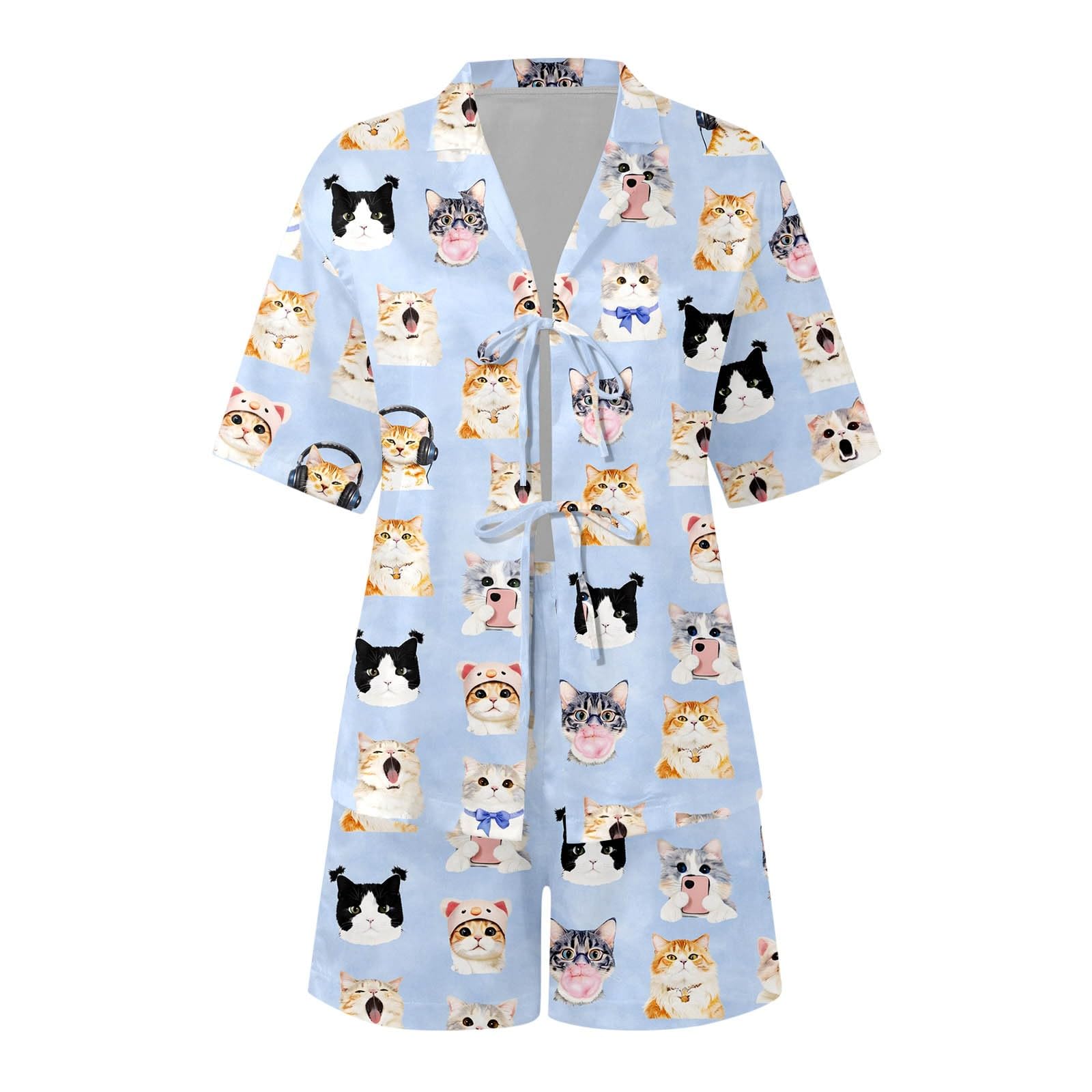 Lässiges Zweiteiler-Outfit mit Print Bindegürtel als bequemer Homewear Schlafanzug für Damen