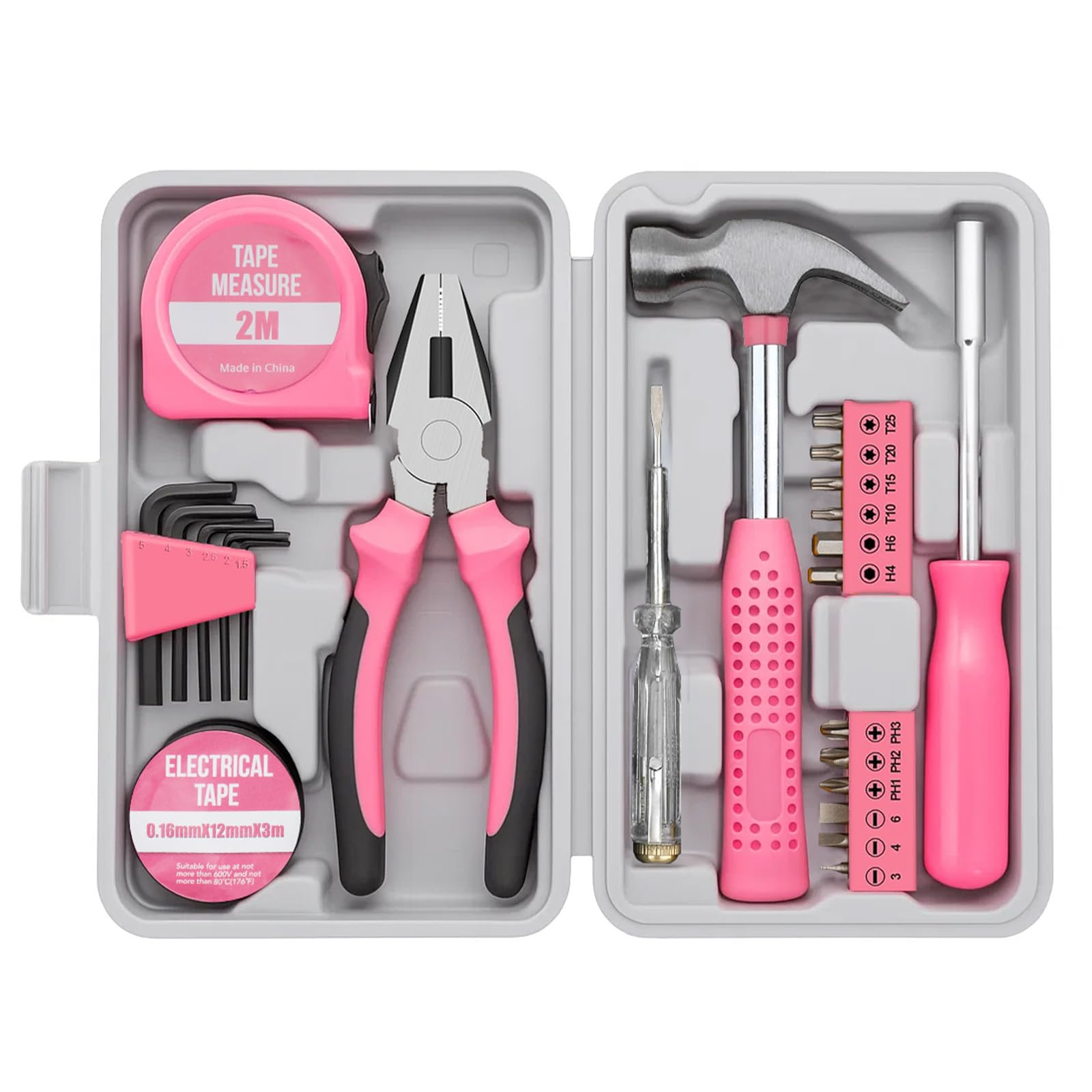 11PCS Household Hand Tools Kit DIY Hand Tool Toolbox Set with Storage Case Including Daily Repair Small Tool for Home Use (Pink)