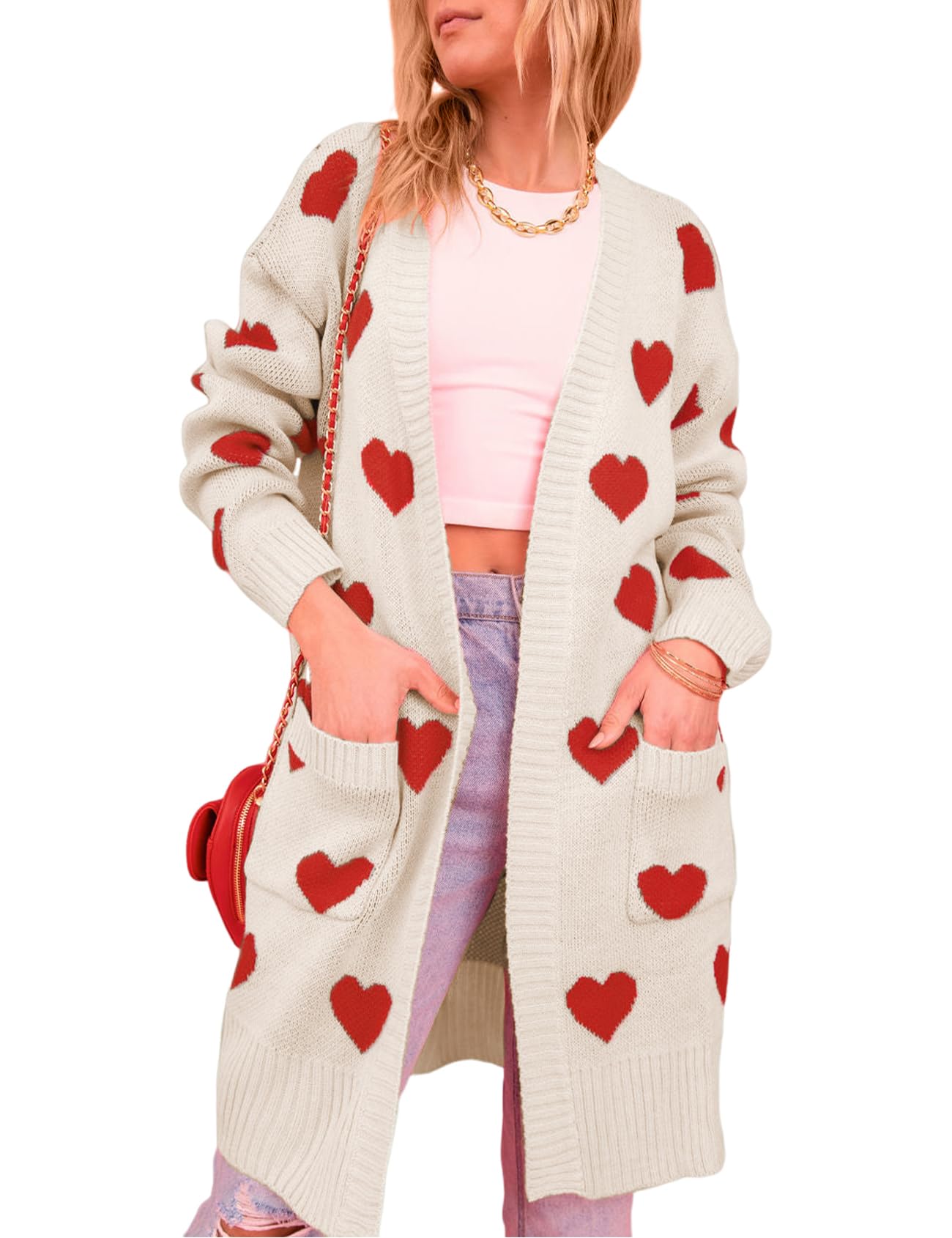 Wyeysyt Women Love Heart Cardigans Sweaters Open Front Long Chunky Casual Knit Pocketed Cardigan Sweaters