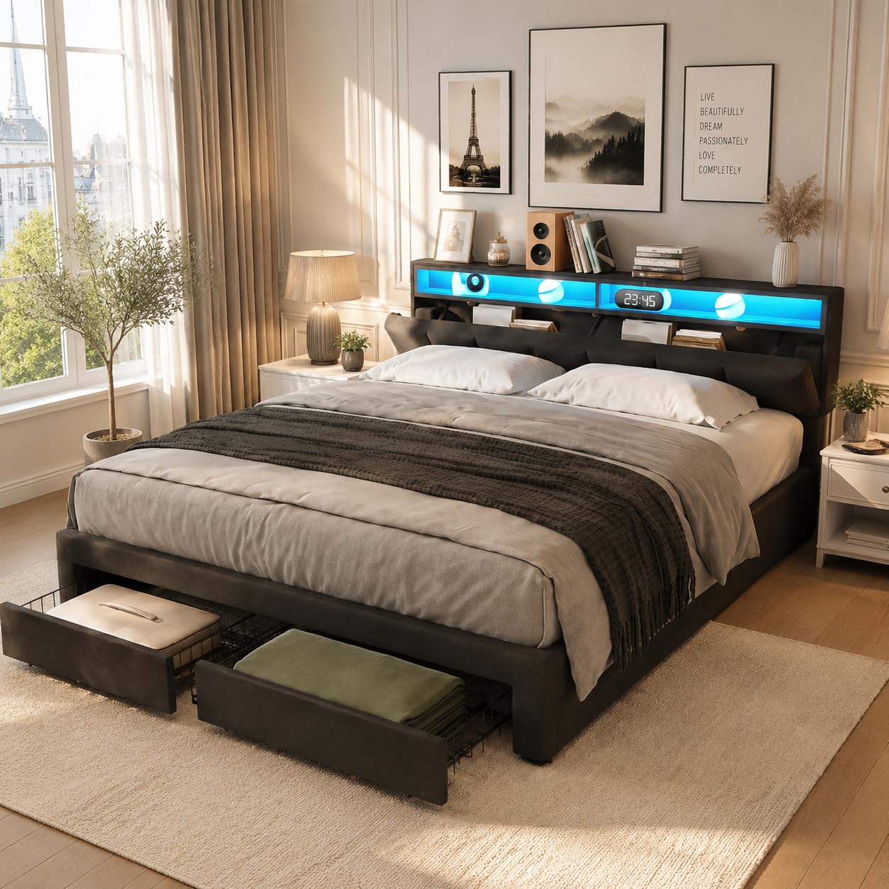 Letto Imbottito Matrimoniale 180x200cm con 2 cassetti, letto matrimoniale con contenitore 180x200 con LED e USB,Letto baule con contenitore idraulico,letto adulti senza Materasso,Lino,Grigio
