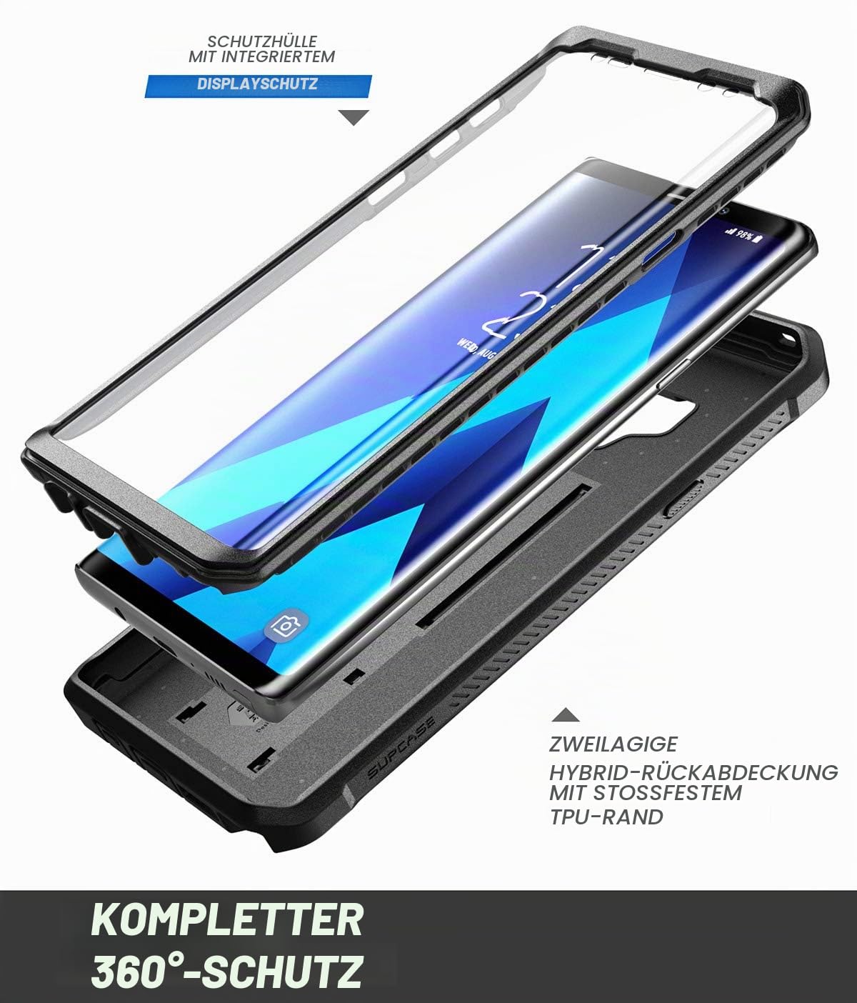 SUPCASE Samsung Galaxy Note 9 Hülle 360 Grad Handyhülle Outdoor Case Robust Schutzhülle Cover [Unicorn Beetle PRO] mit integriertem Displayschutz und Ständer (Schwarz), Black