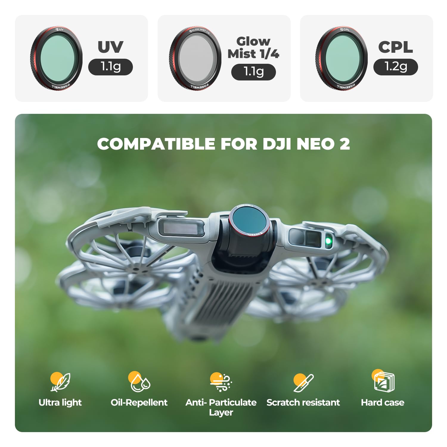 Freewell Lot de 3 filtres magnétiques pour DJI Neo 2 | CPL pour réduire l'éblouissement, UV pour la Protection de l'objectif, et Brume phosphorescente Noire 1/4 pour Les Effets