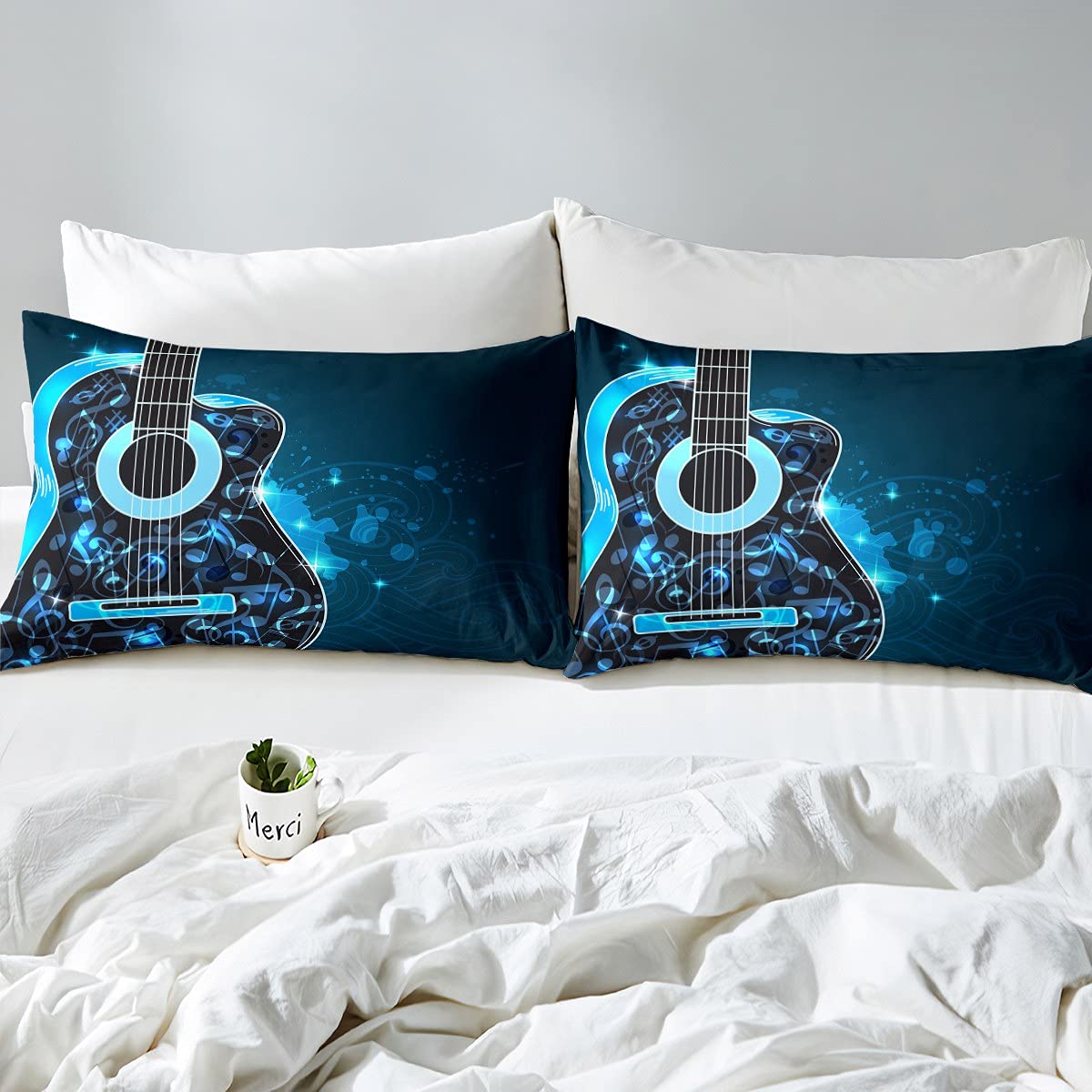 Guitar Duvet Music Guitar Duvet Insert for Kids Boys Girls Rock Music Themed Comforter Musical Instruments Blue Down Comforter with 1 Pillowcase 2Pcs Bedding Single - Image 3