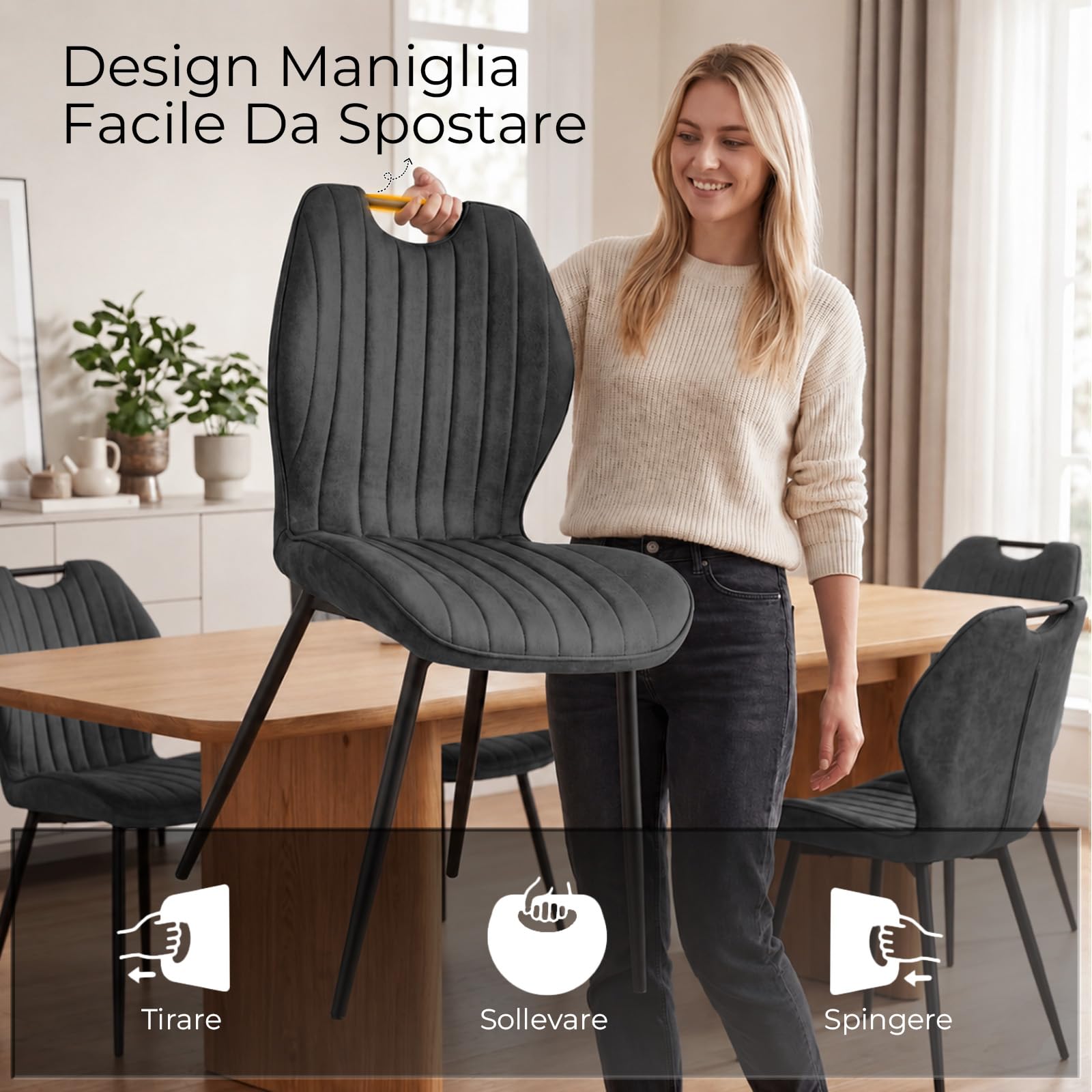 LEWE Set di 4 Sedie da Pranzo, Sedie da Cucina Imbottite in Tessuto, Grigio | Sedie da Soggiorno Moderne, Schienale Ergonomico, Gambe Metalliche, Maniglia, per Sala da Pranzo, Cucina, Salotto, Camera