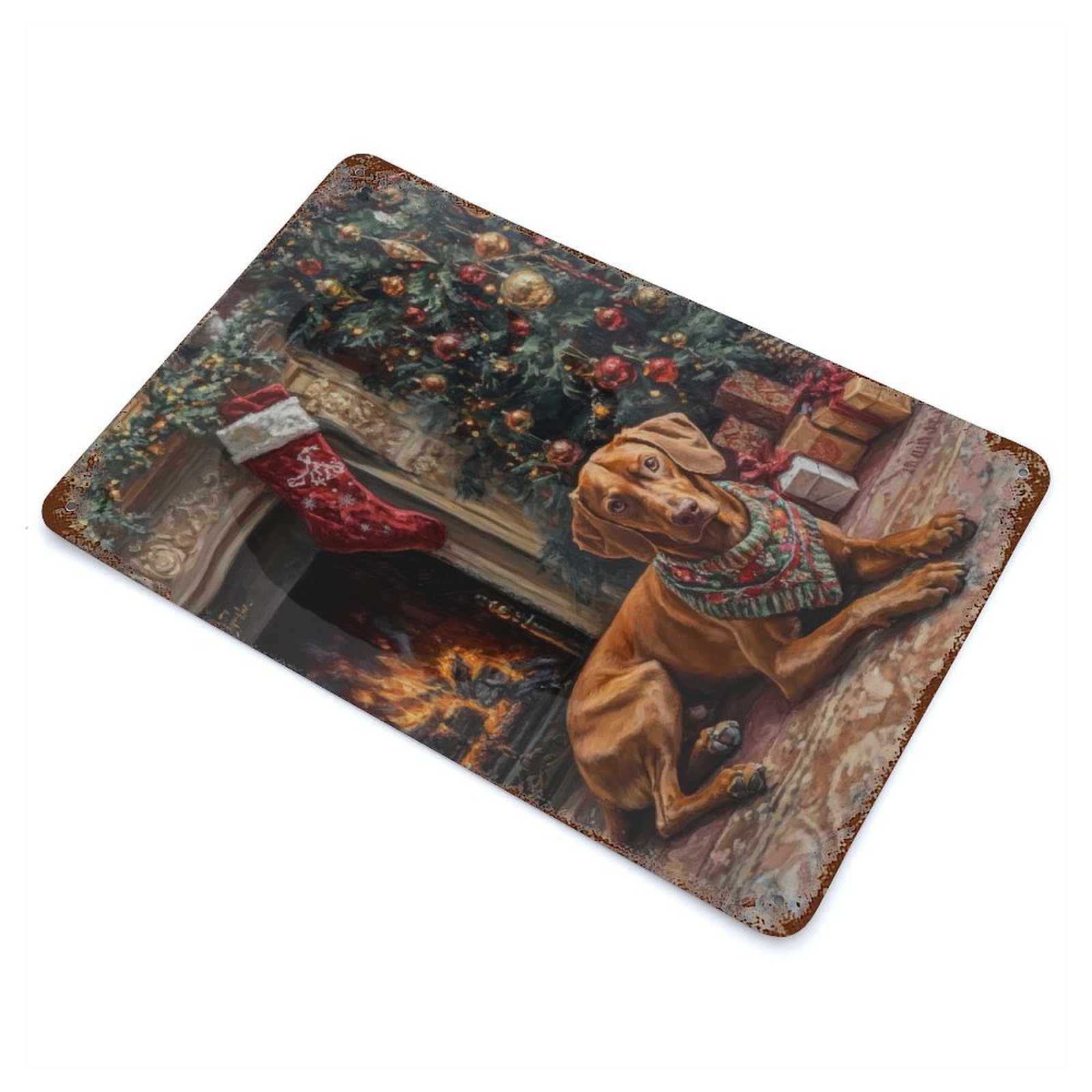 Rust Effect Christmas Dog by Fireplace Painting Vizsla Dog with Stocking Vintage Rust Metal Sign 11.8"x7.9", Classic Wall Plaque for Shed, Workshop And Garage Wall Decor