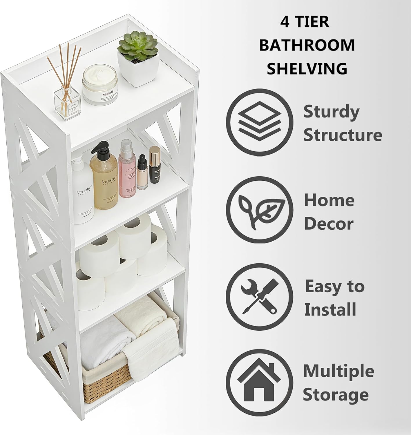 Small Bathroom Storage Corner Shelf, Waterproof PVC Narrow Floor Stand, Slim Gap Filler Organizer for Toilet Side, Laundry Room, Shower, Kitchen Spice Rack, White Restroom Holder (4-Tier)