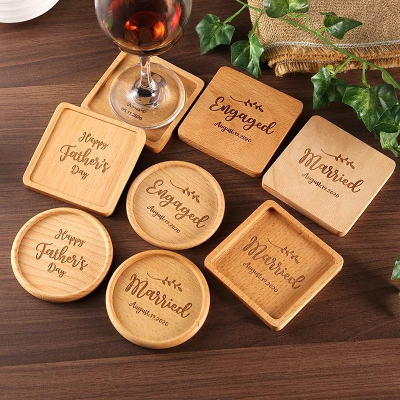 Posavasos de madera personalizados, recuerdos de boda para invitados, posavasos personalizados, regalo de despedida de soltera, recuerdos de fiesta, artículo promocional de negocios (20 unidades)