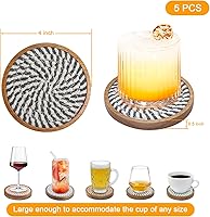 Vista 6 de Juego de 5 posavasos absorbentes para bebidas, posavasos tejidos con soporte, regalo de inauguración de la casa para decoración del hogar de granja