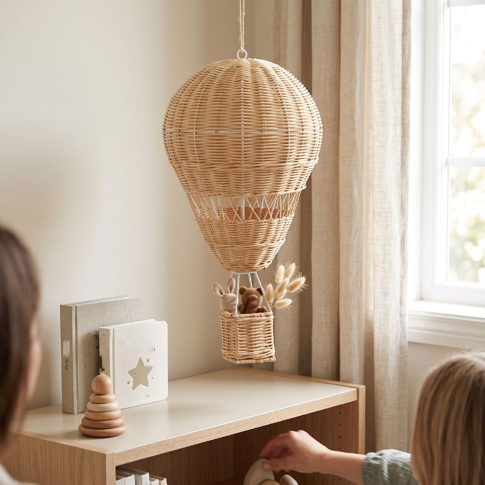 AUNMAS Decorazione per la Cameretta con Mongolfiera in Rattan da | Tessuto Naturale Fatto a Mano, Accessorio Fotografico per Neonati, Ornamento per la Stanza Boho, Facile Installazione con
